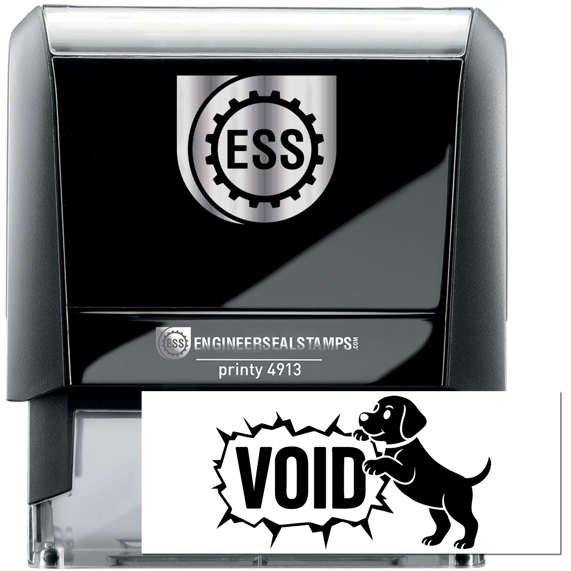 Black self-inking stamp and seal with silver ESS logo, showing a VOID imprint and dog graphic.