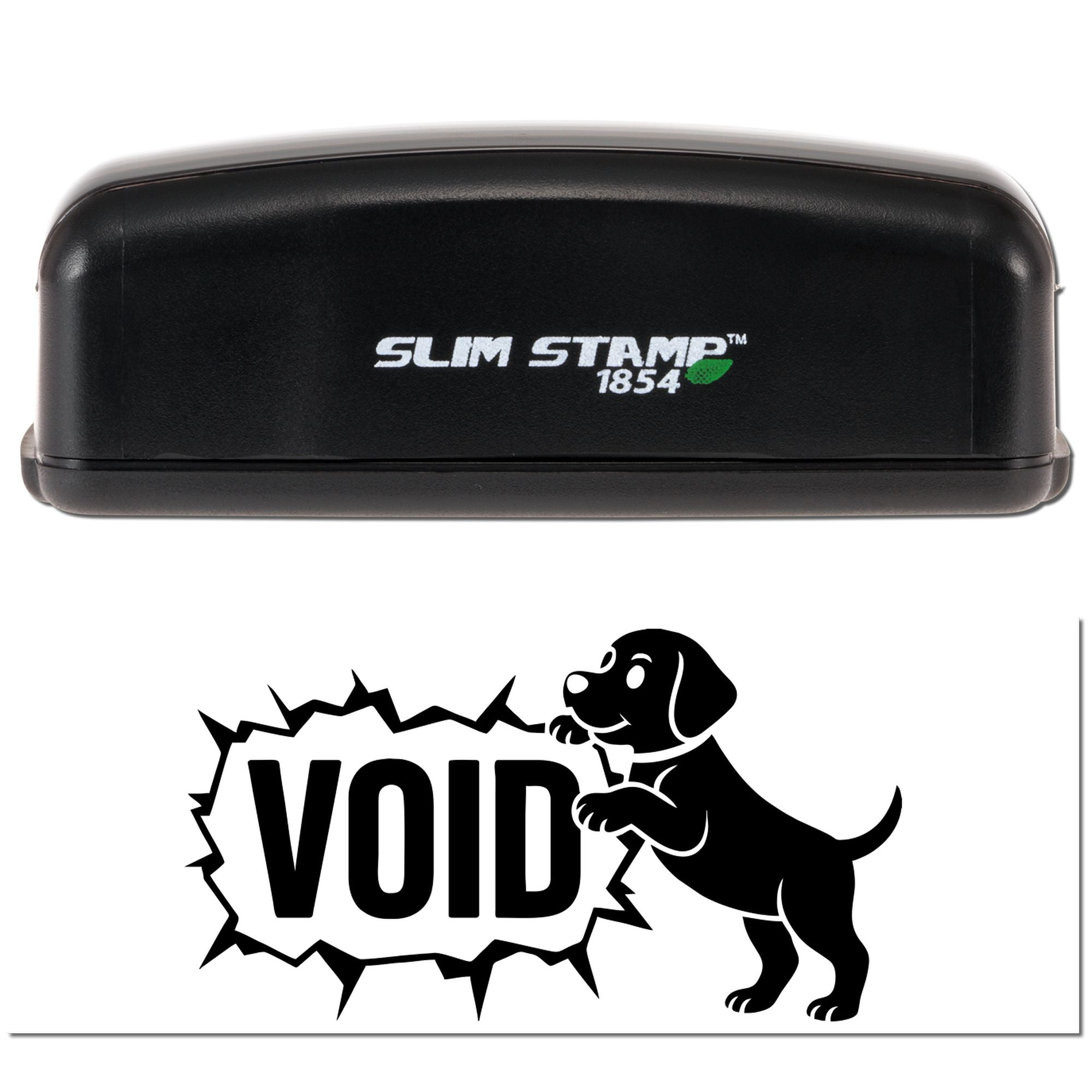 Black Slim Stamp 1854 self-inking stamp with green leaf logo and VOID security seal featuring a black dog on white background.