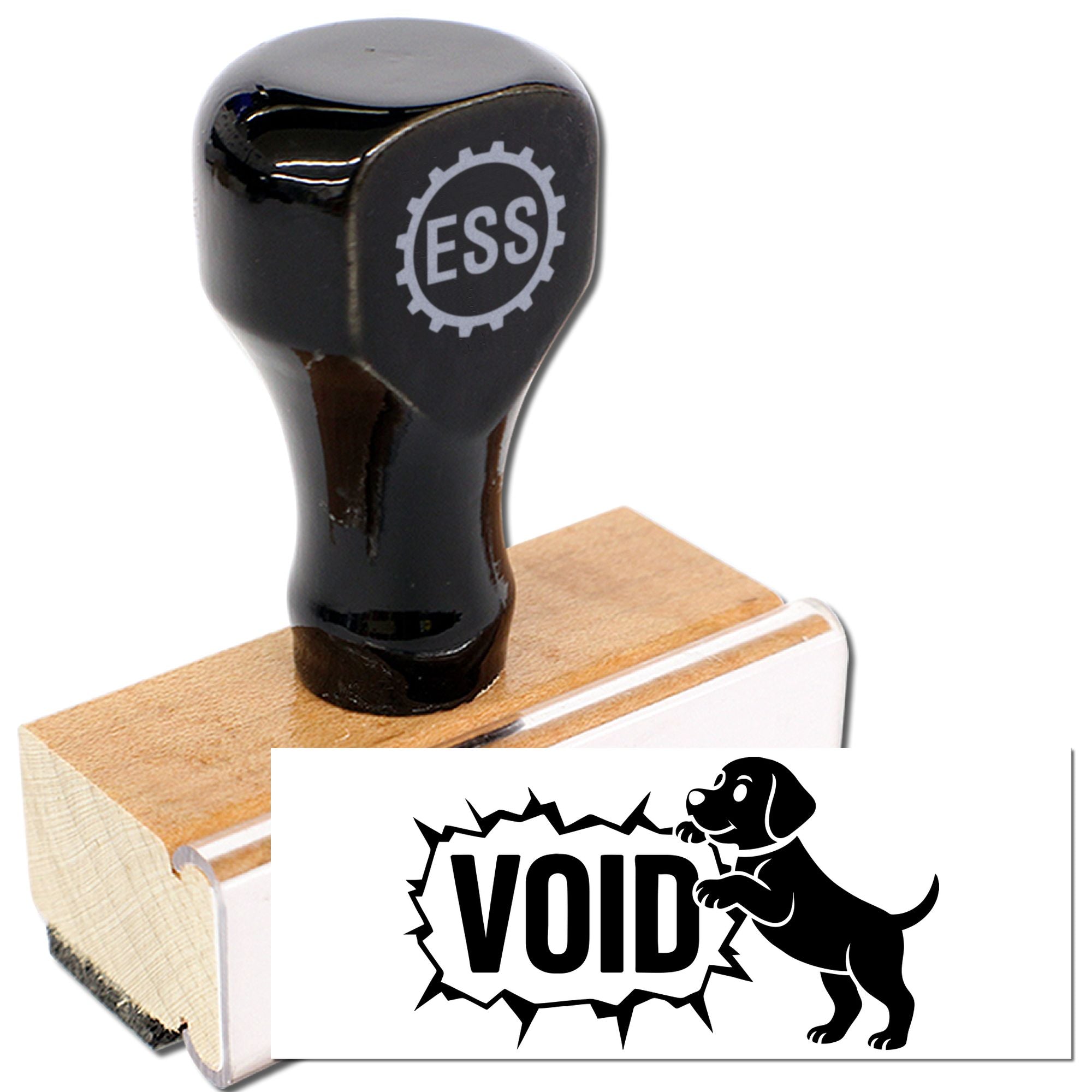 Black ESS rubber stamp on wooden block with white VOID dog seal graphic.