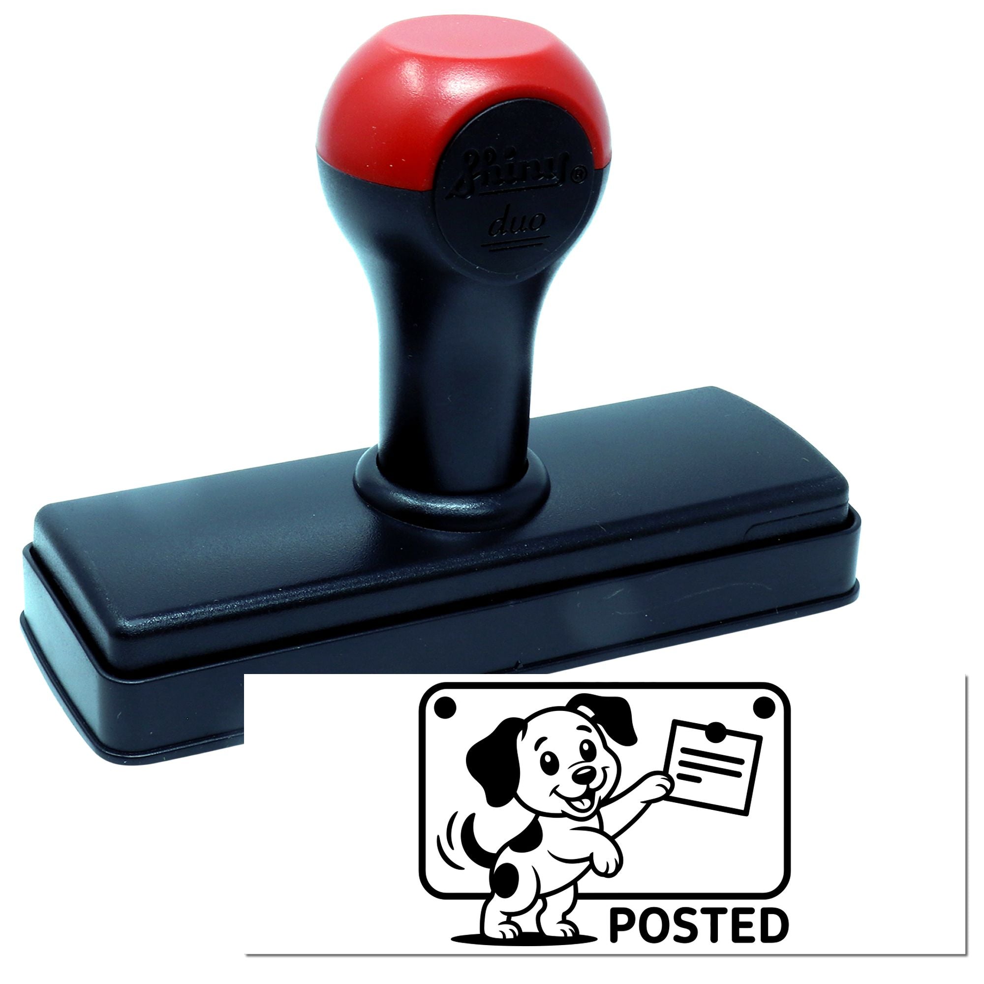 Red and black self-inking stamp and seal with custom dog POSTED impression on a black base.