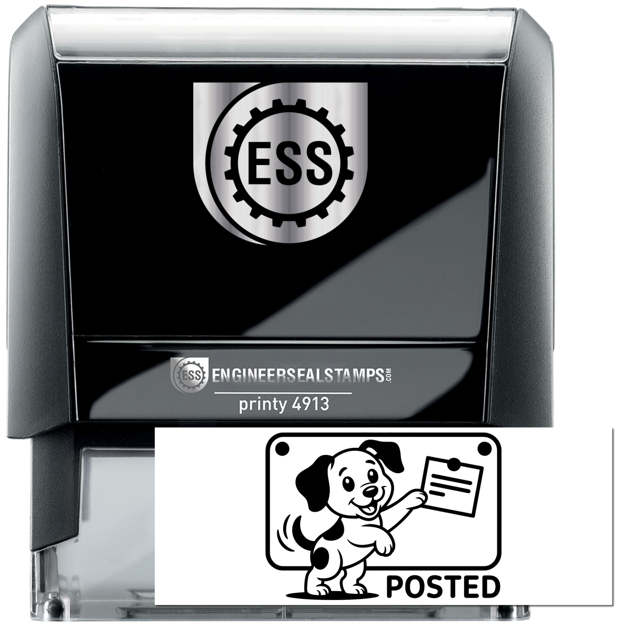 Black and silver self-inking engineer seal stamp with ESS logo, clear base, and sample POSTED dog seal.