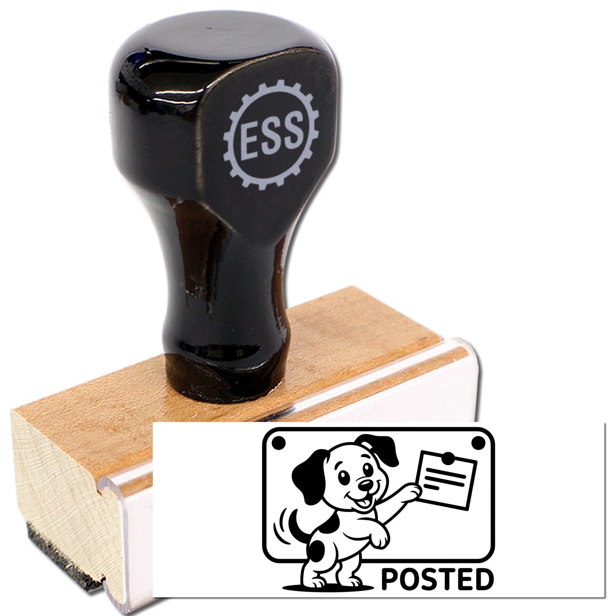 Black self-inking stamp and seal with ESS logo, wooden handle, and black-and-white dog POSTED design.