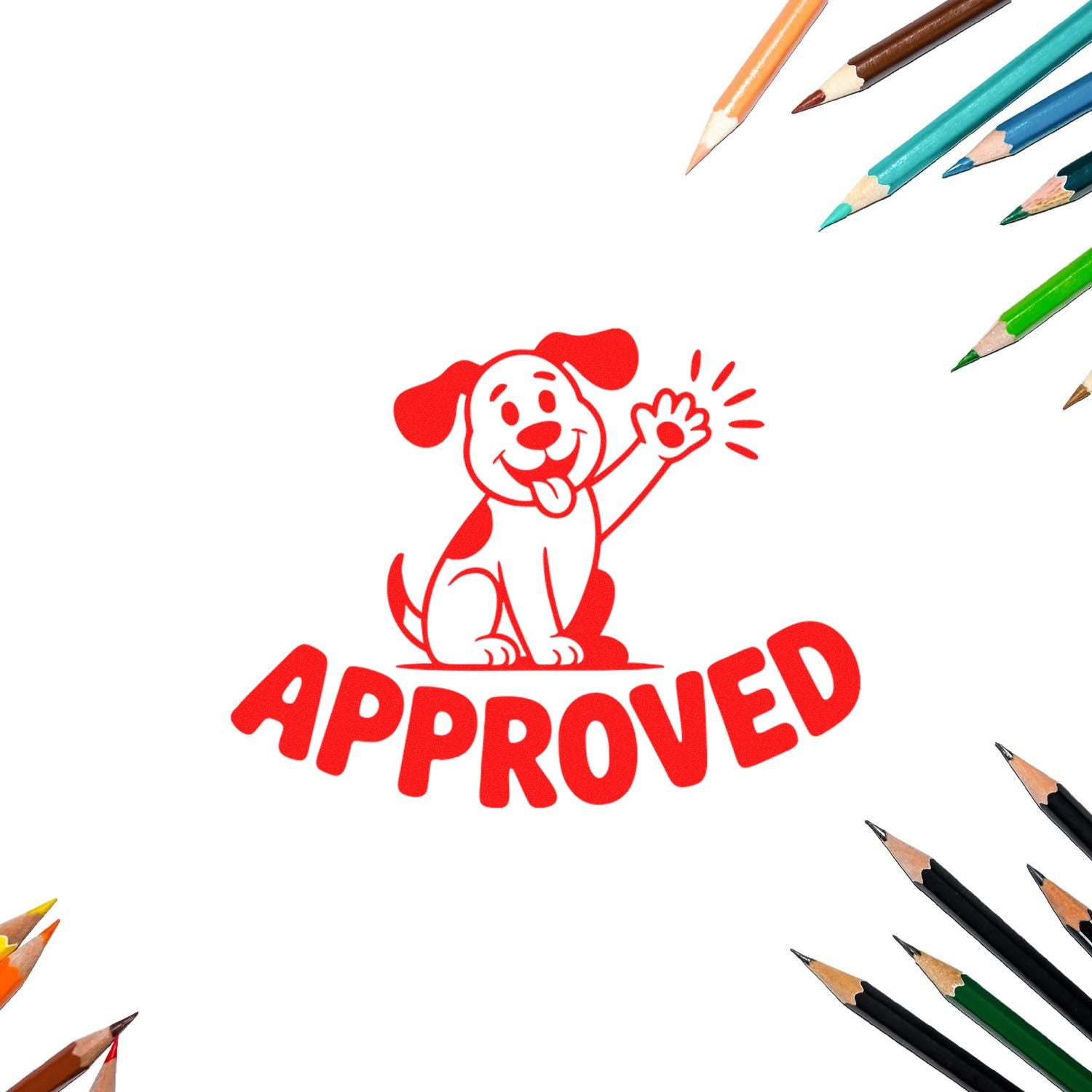 Red approved stamp seal with waving dog, surrounded by colored pencils on a white background.
