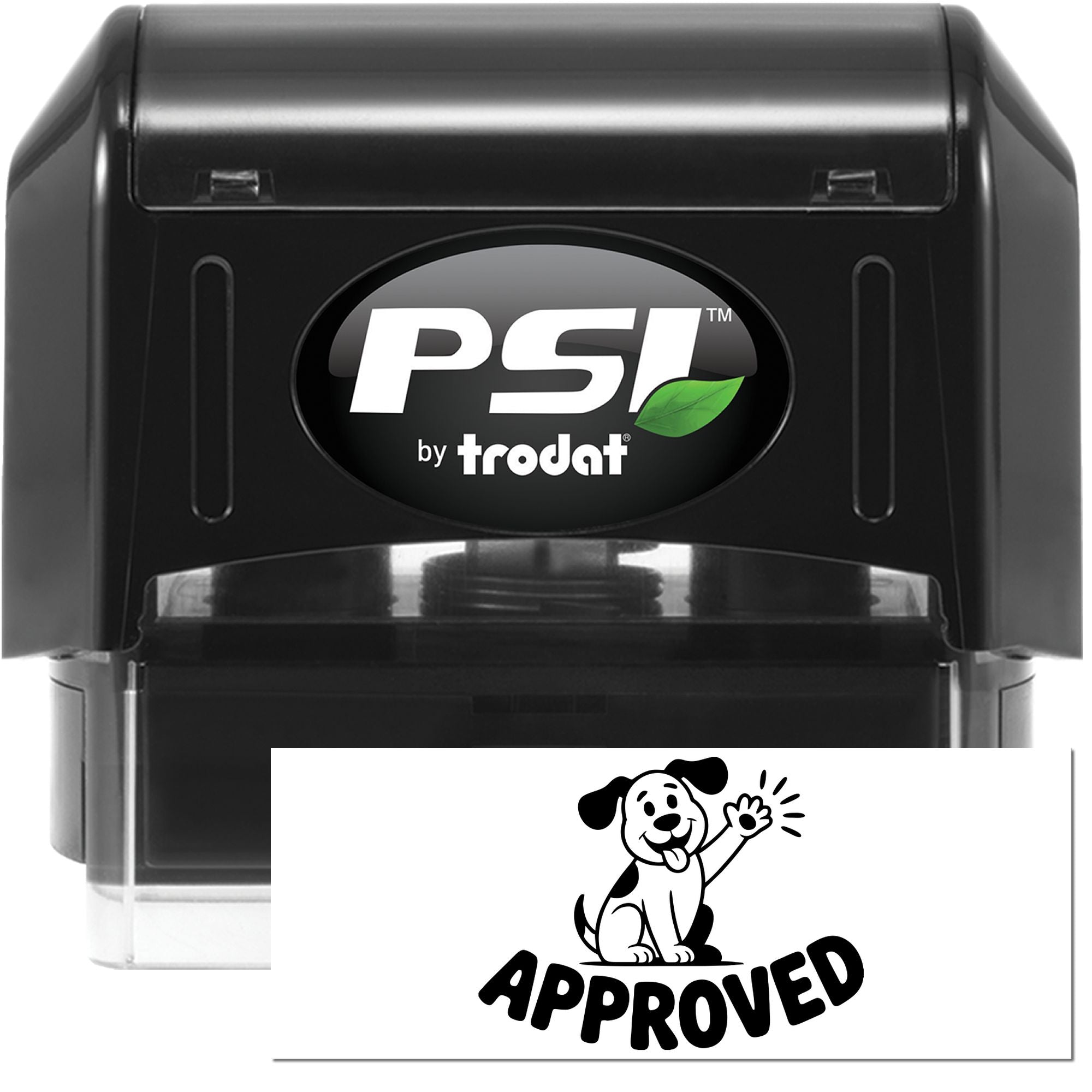 Black PSI by Trodat self-inking stamp and seal set with Approved dog impression on white card.