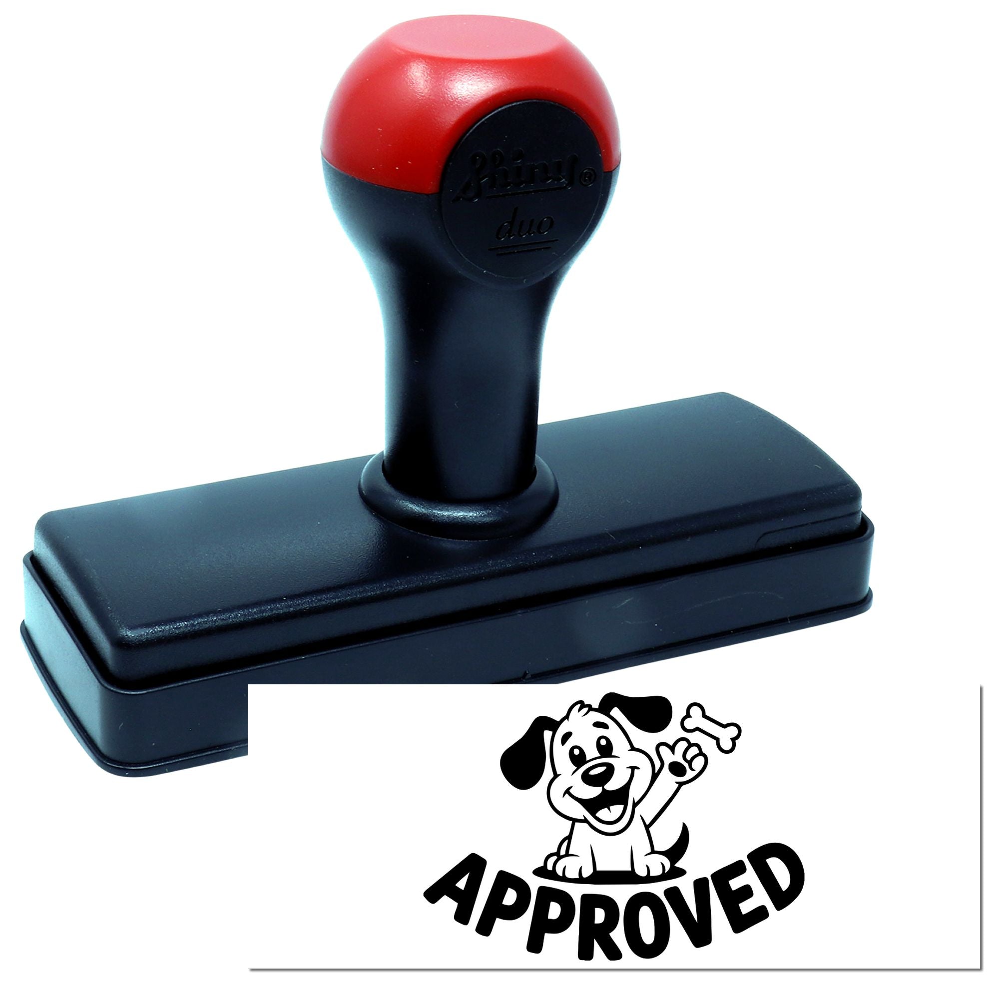 Red and black self-inking stamp with approved dog seal imprint on white paper.