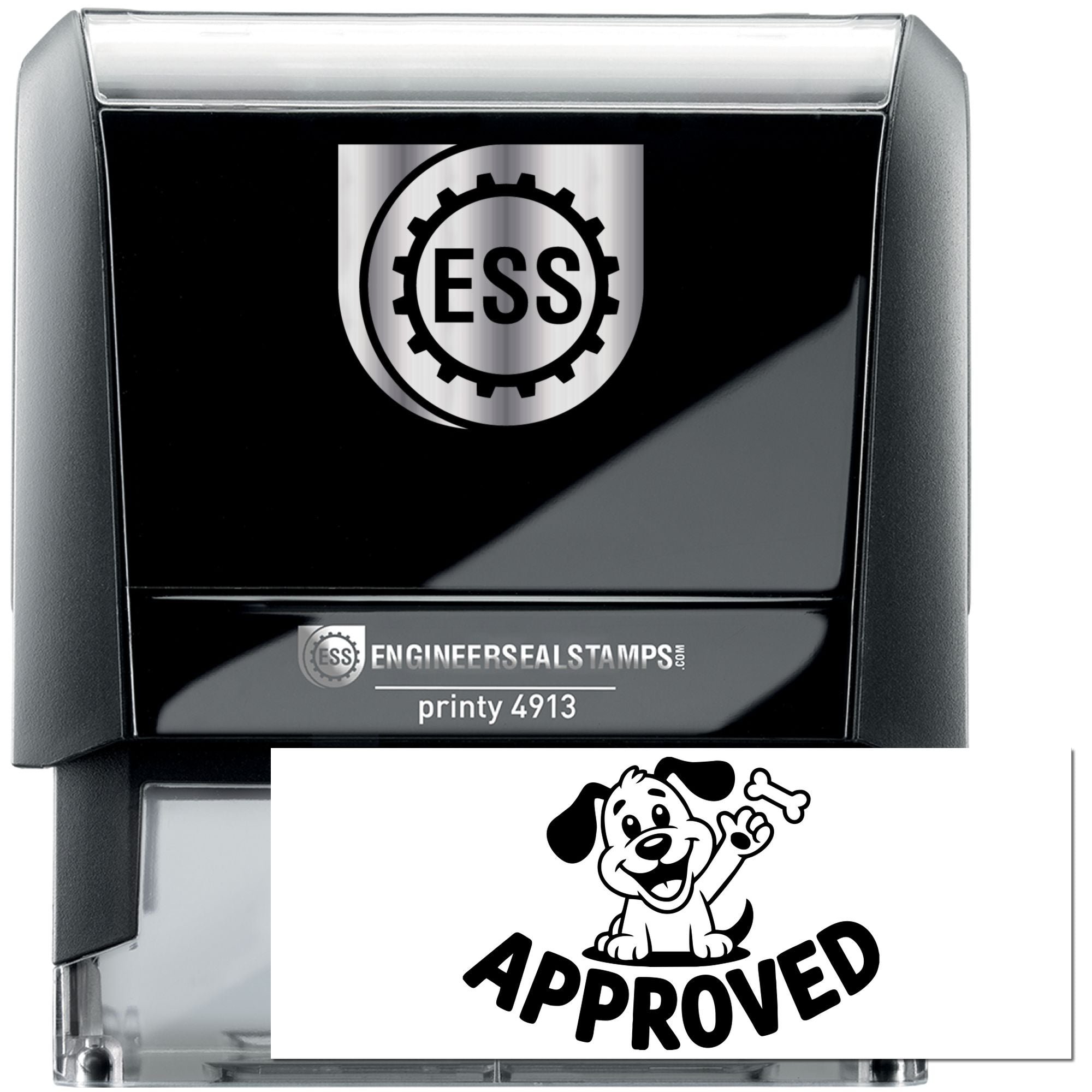 Black self-inking engineer seal stamp with ESS logo and white approval seal featuring a dog and APPROVED text.