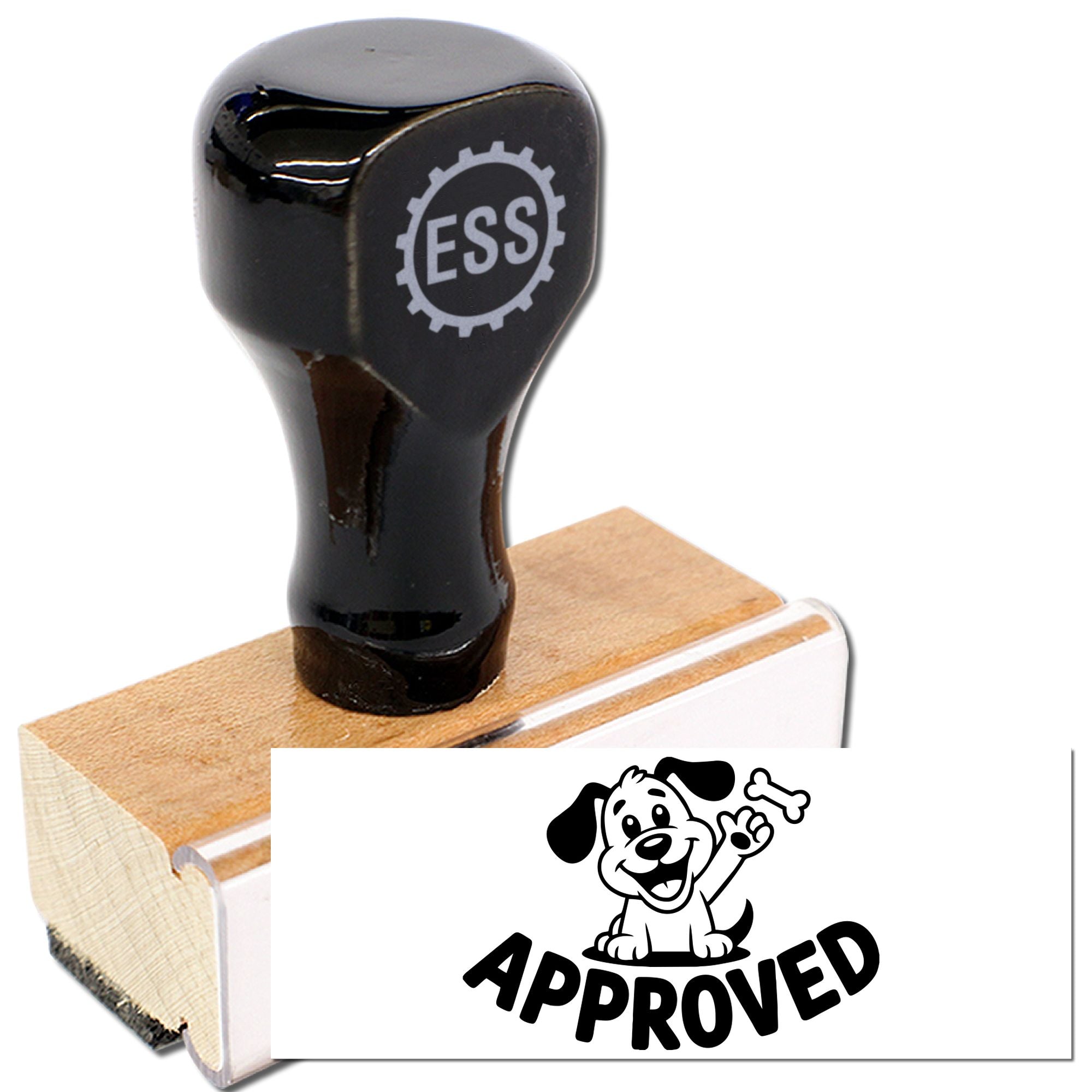 Black ESS stamp on a wooden base with a white dog APPROVED seal imprint.