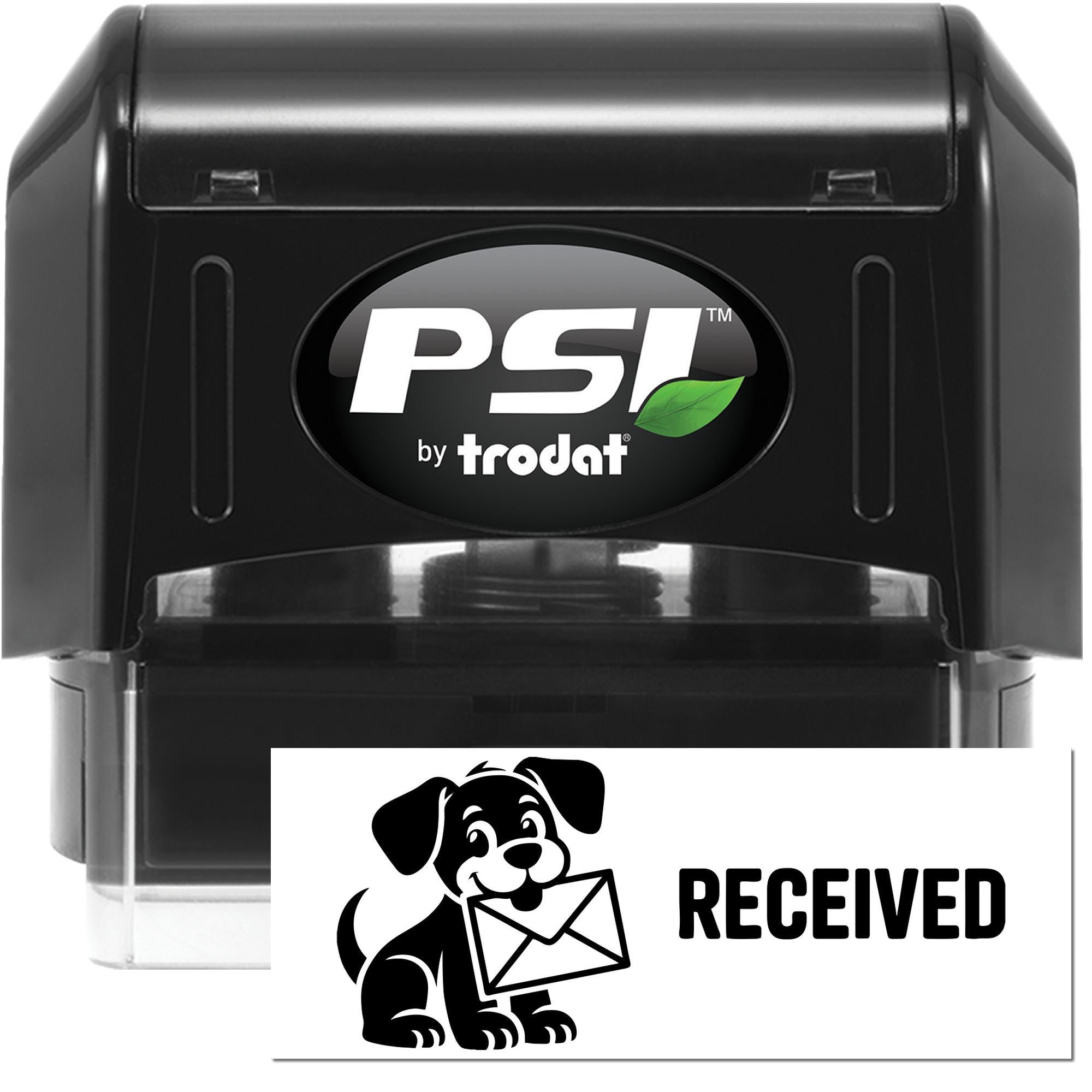 Black PSI by Trodat self-inking stamp with green leaf logo and RECEIVED seal impression on white card