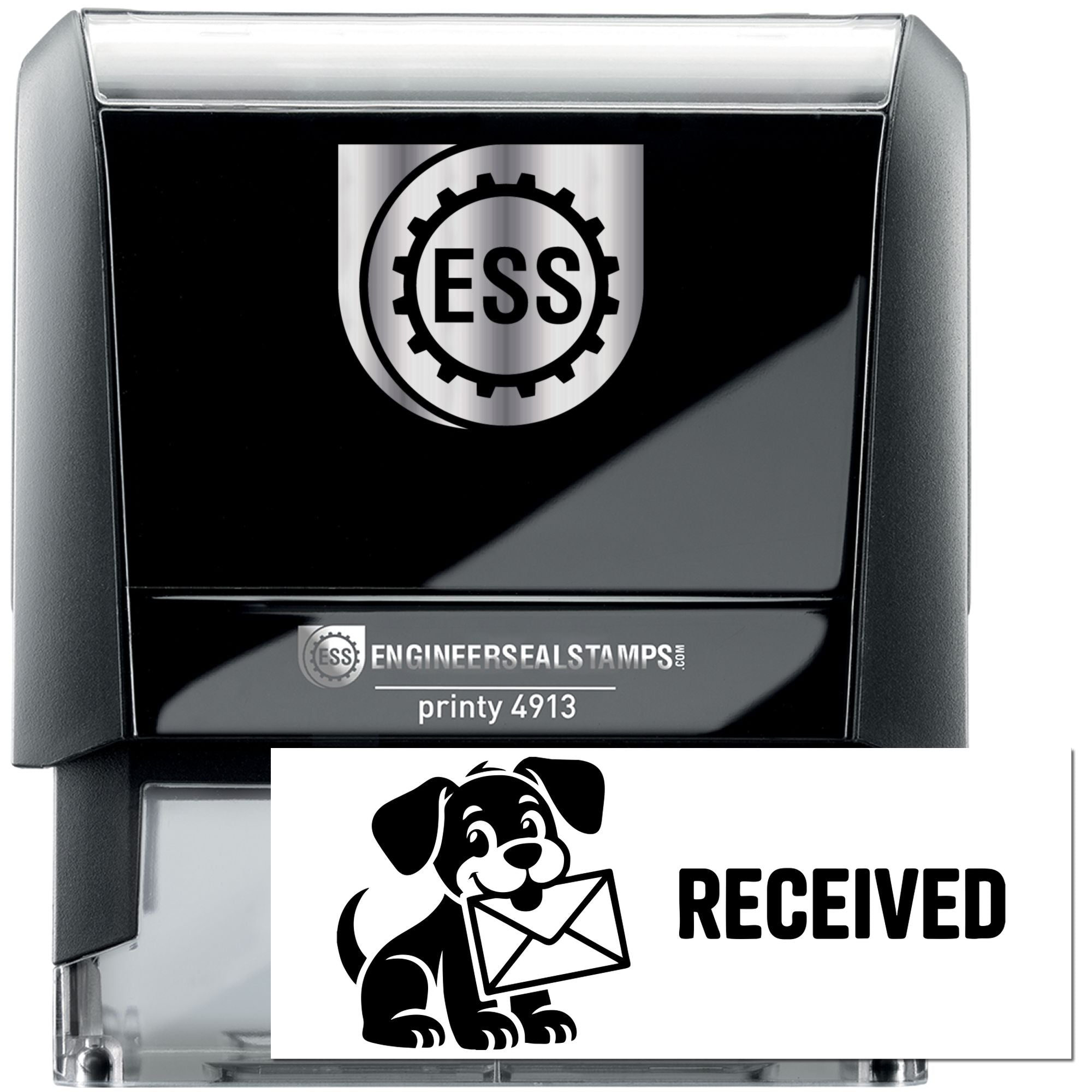 Black and silver self-inking stamp and seal set with ESS gear logo and a RECEIVED impression featuring a dog.