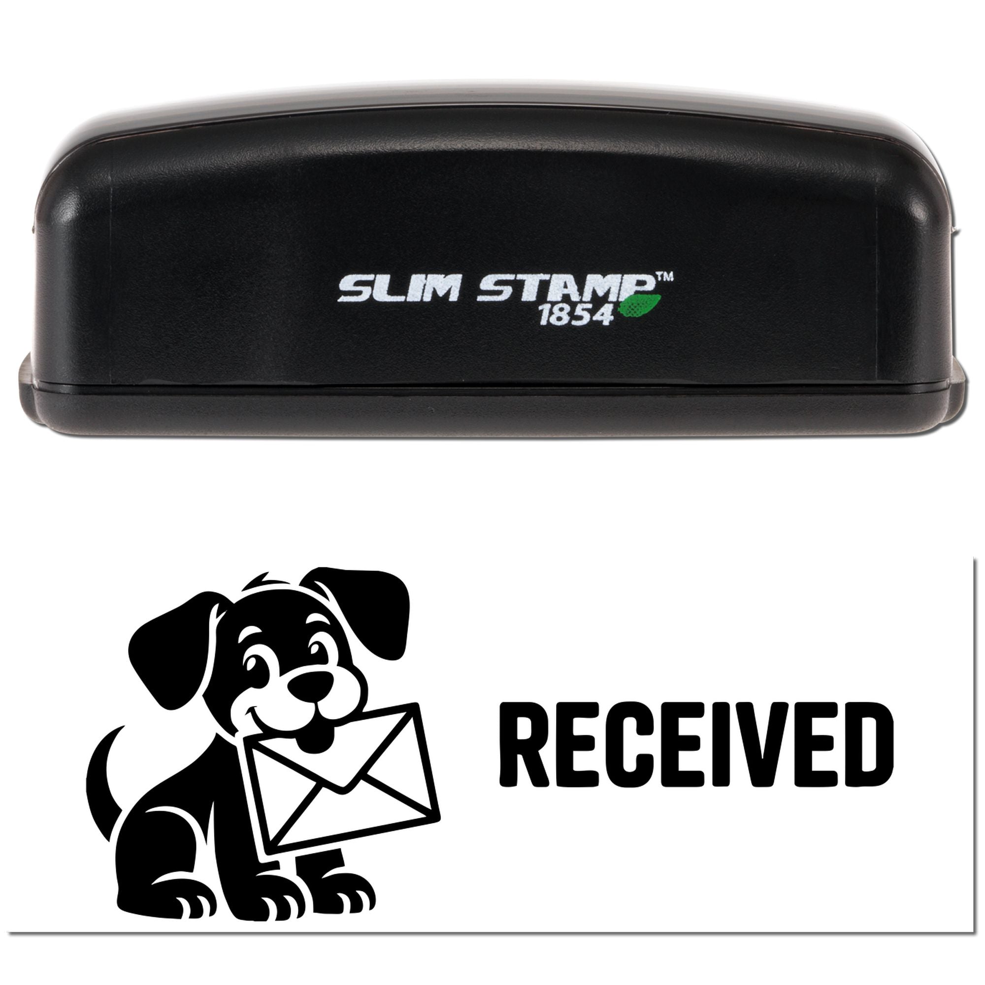 Black Slim Stamp 1854 self-inking stamp and received seal with dog holding an envelope on white background