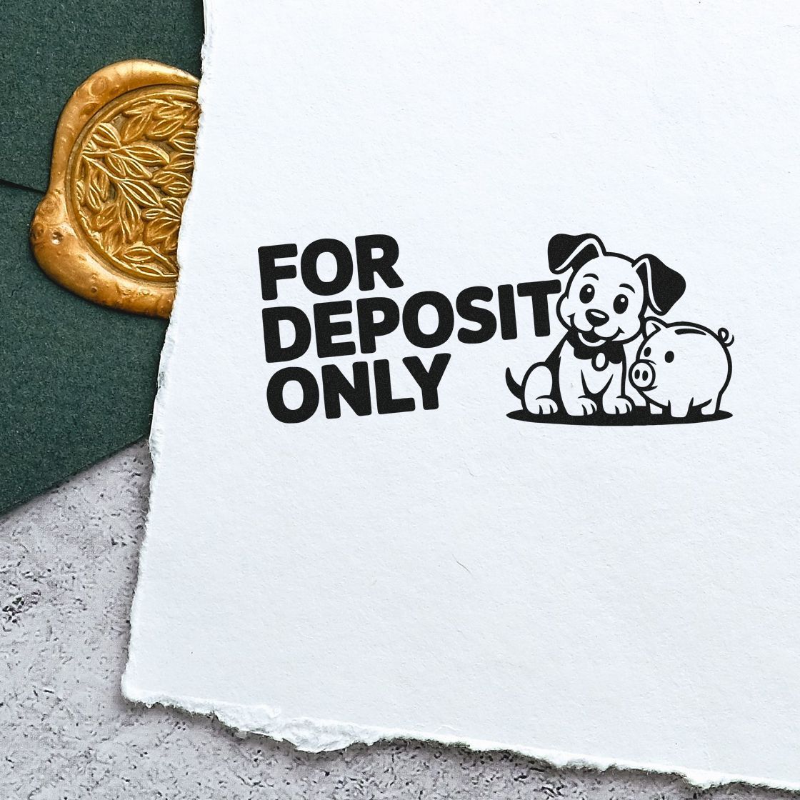 Black FOR DEPOSIT ONLY bank stamp beside a gold embossed wax seal on white paper, with dog and piggy bank graphic.