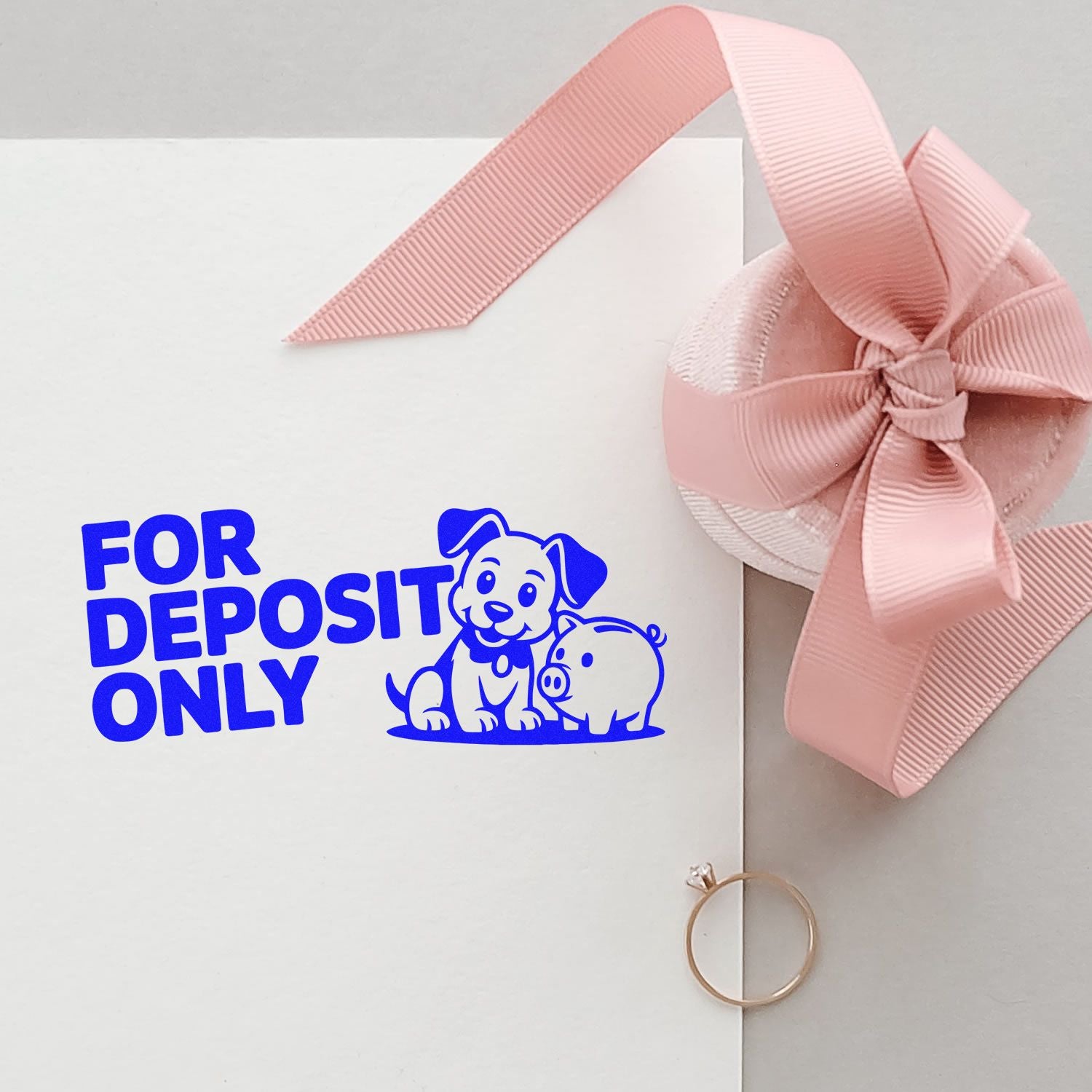 Blue FOR DEPOSIT ONLY stamp with pig and dog graphic on white envelope, plus a pink ribbon wax seal.
