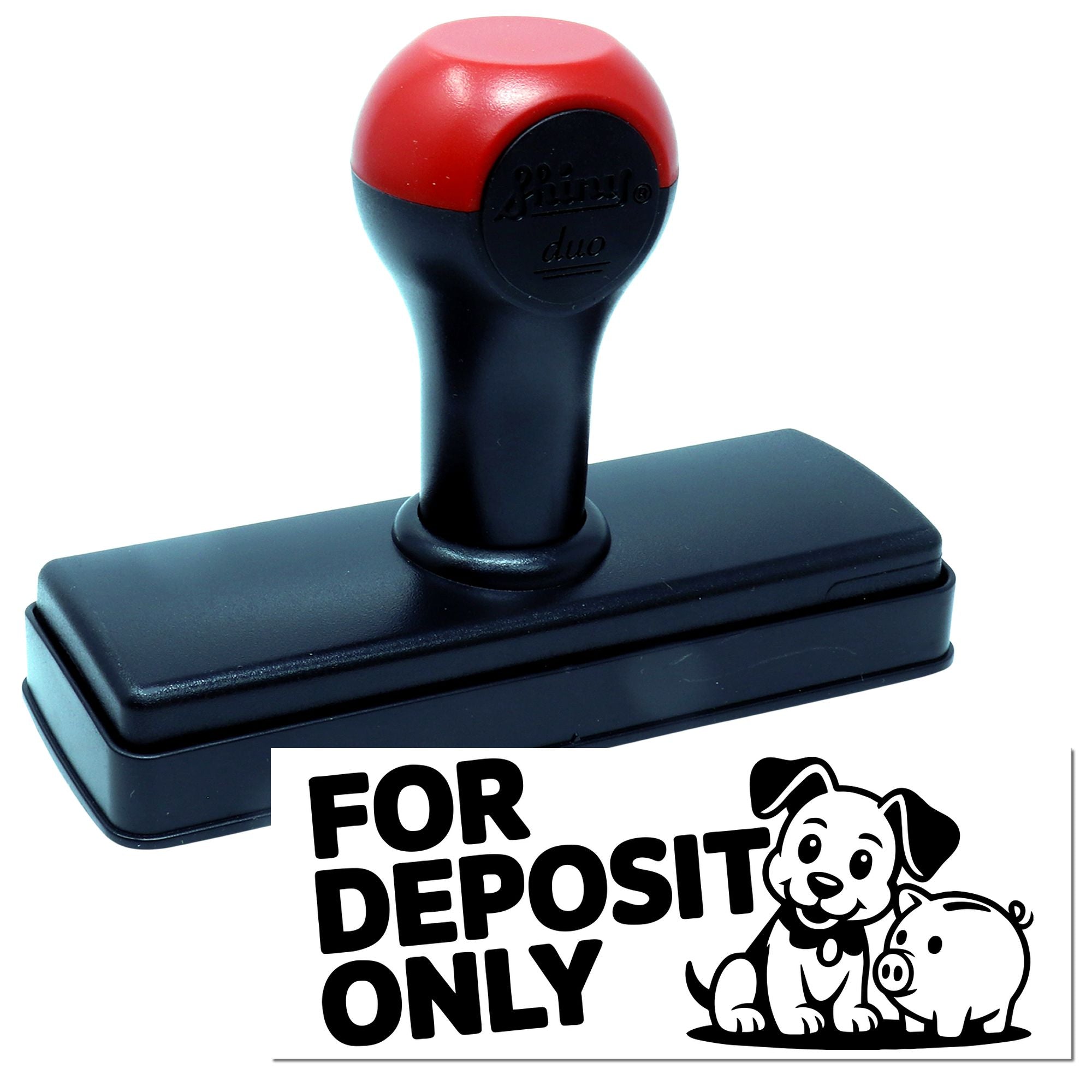 Black and red rubber stamp with FOR DEPOSIT ONLY bank seal and dog-and-pig graphic