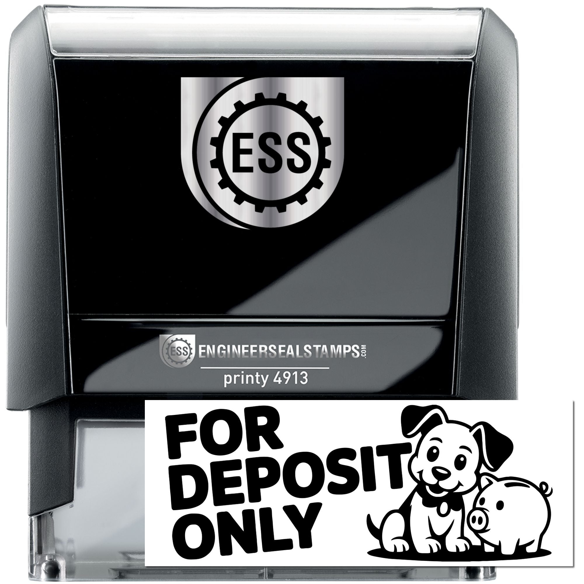 Black and silver self-inking ESS stamp with gear logo and For Deposit Only bank seal graphic.