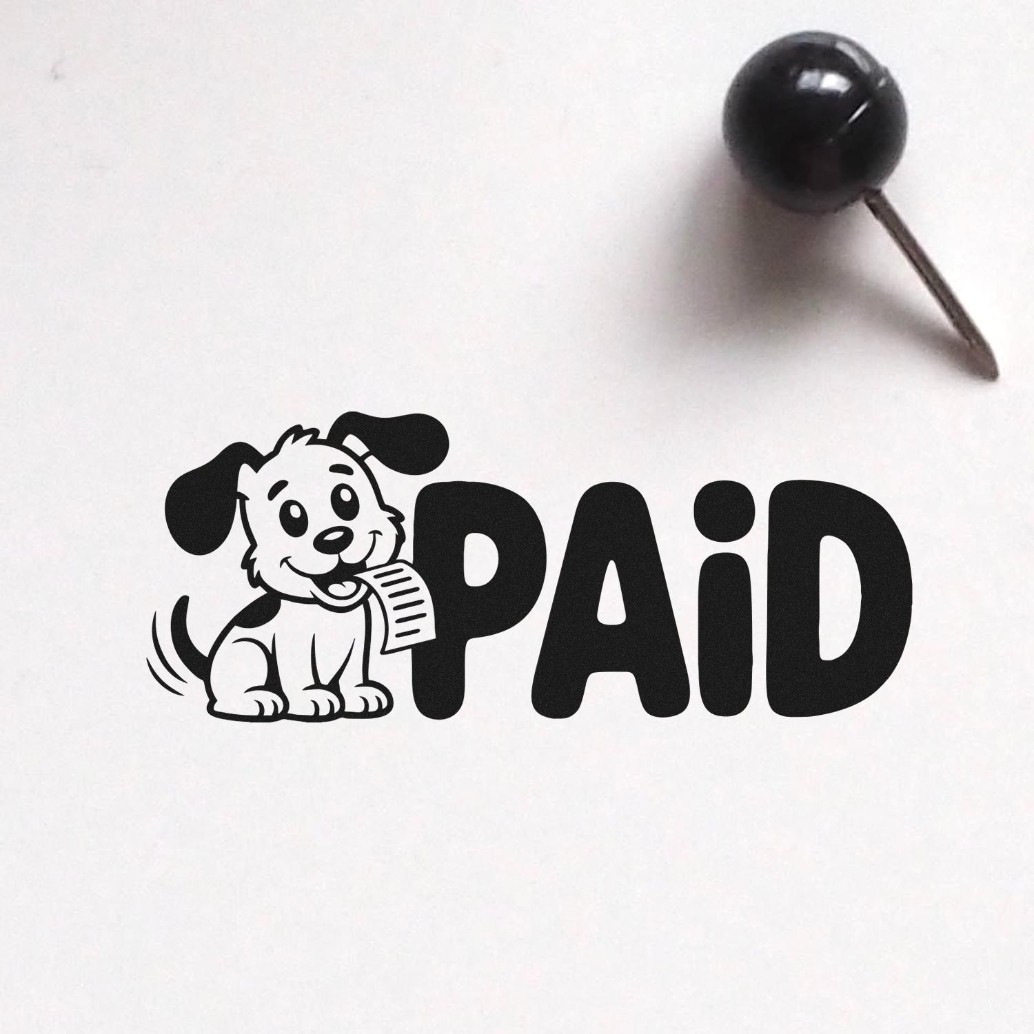Black PAID rubber stamp and seal with cartoon dog holding paper, black on white background