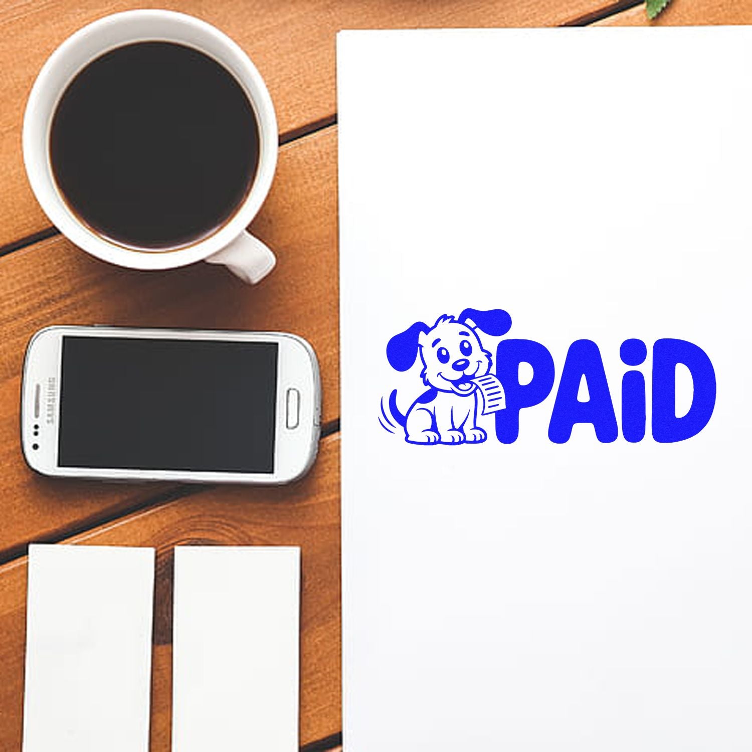 Blue PAID stamp and seal with dog mascot on white paper beside coffee cup, smartphone, and blank labels