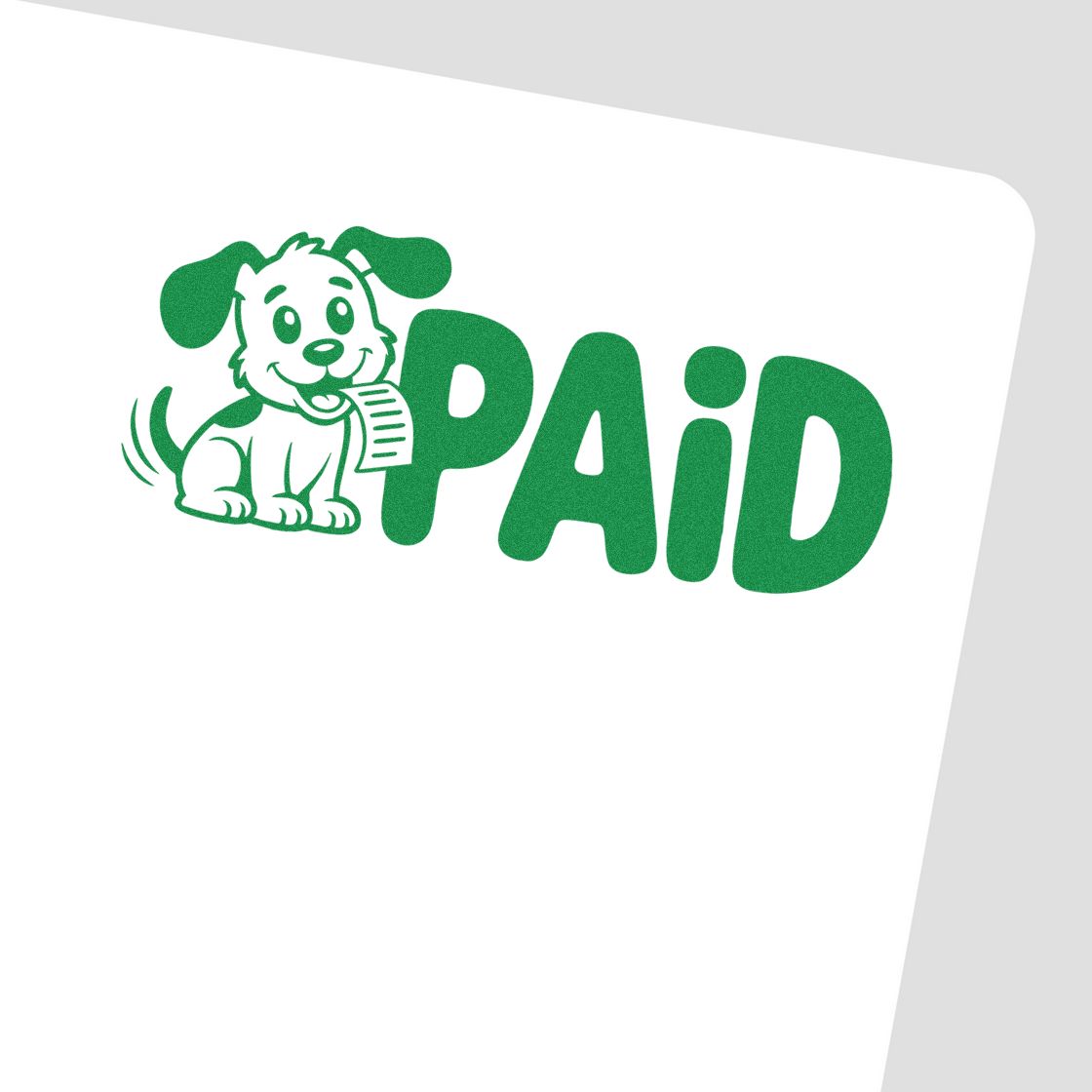 Green PAID stamp with smiling dog mascot holding a receipt, bold green text for seal products