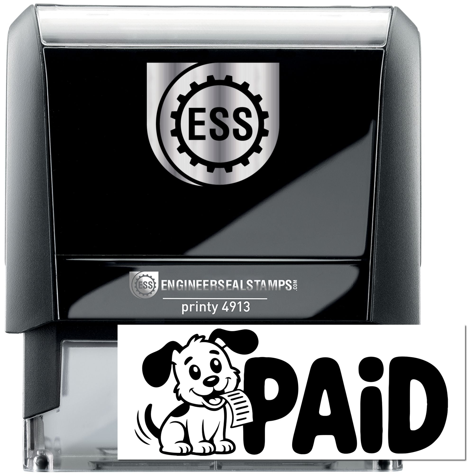 Black self-inking stamp and seal with silver top, ESS logo, and PAID imprint with dog icon.