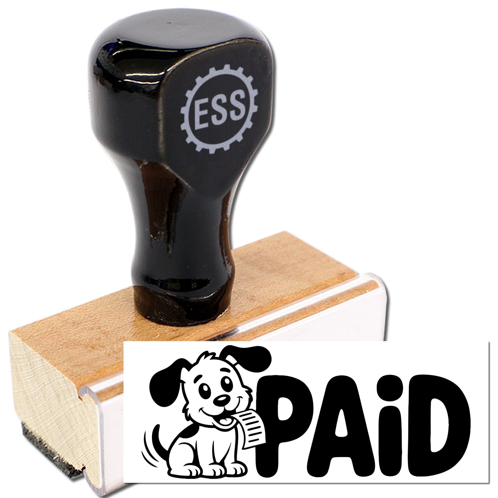 Black ESS self-inking stamp and seal on a wooden block, with white PAID dog logo