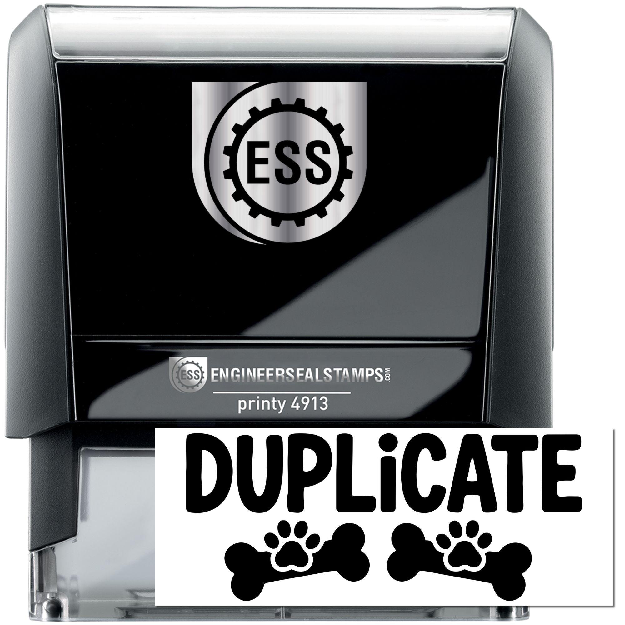 Black self-inking stamp and seal with silver accents, DUPLICATE text, ESS logo, and paw-print bone graphic.