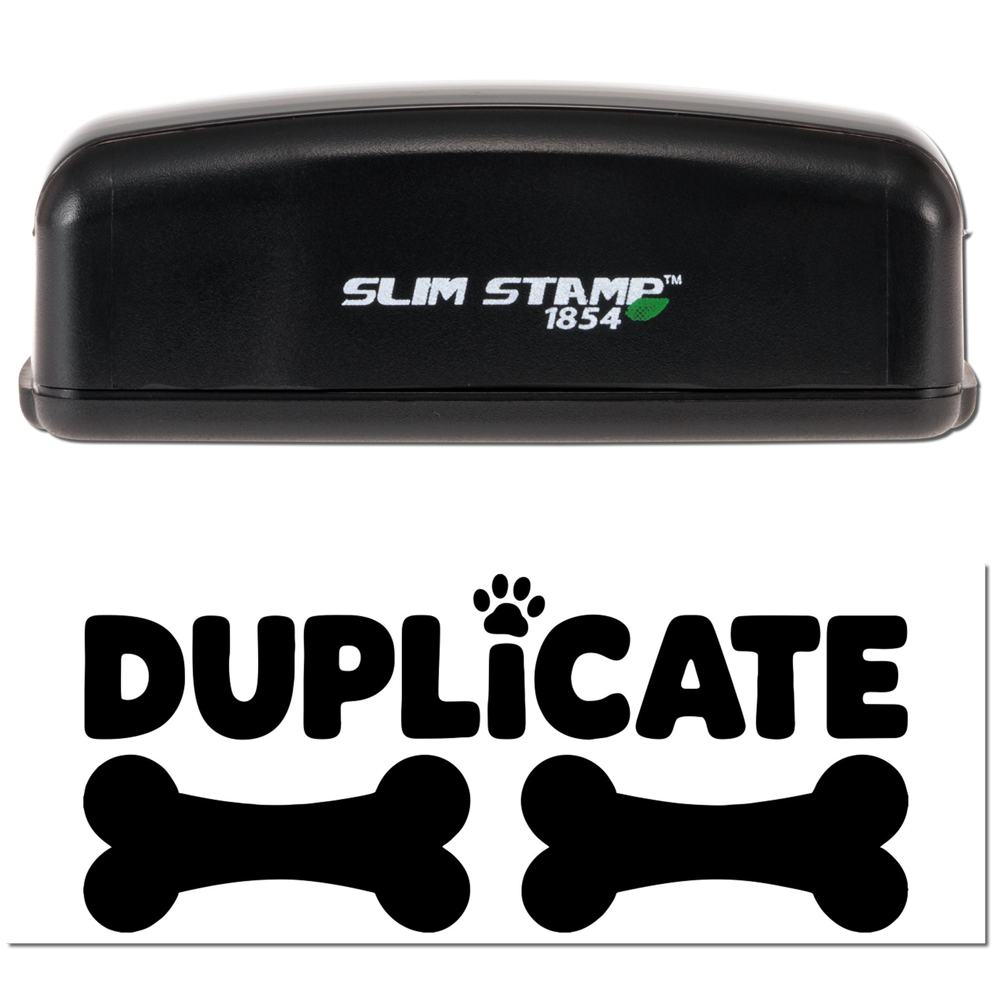Black Slim Stamp 1854 embosser and DUPLICATE pet seal with bone icons on white background.