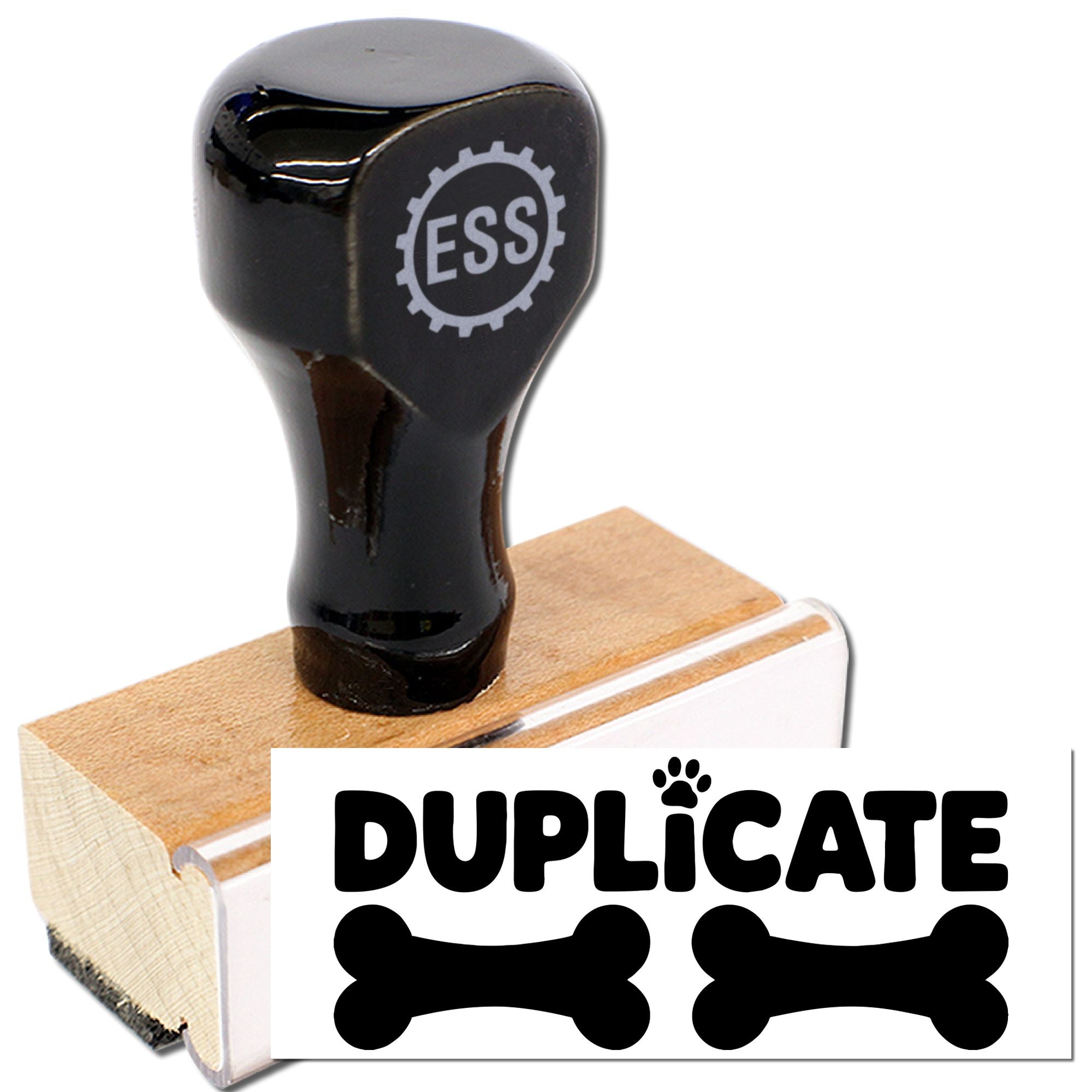 Black ESS rubber stamp with tan wooden base and DUPLICATE dog-bone seal design