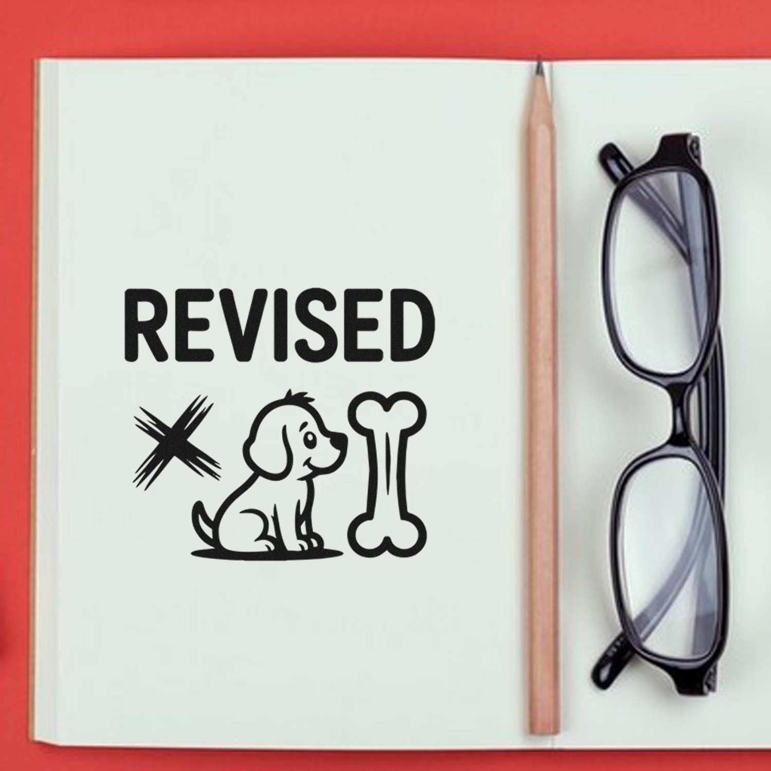 Open notebook with black REVISED stamp and seal design, dog and bone icon, pencil and eyeglasses on red background.
