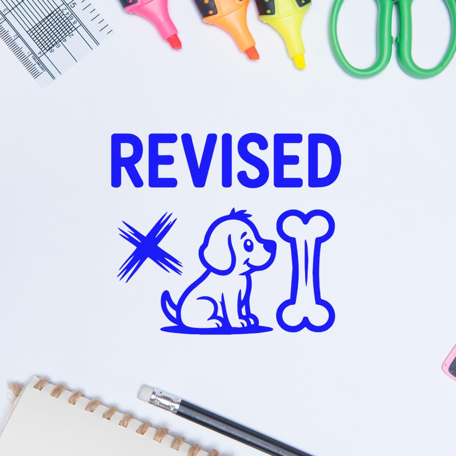 Blue revised stamp with dog and bone seal, surrounded by pink, orange, yellow and green office supplies