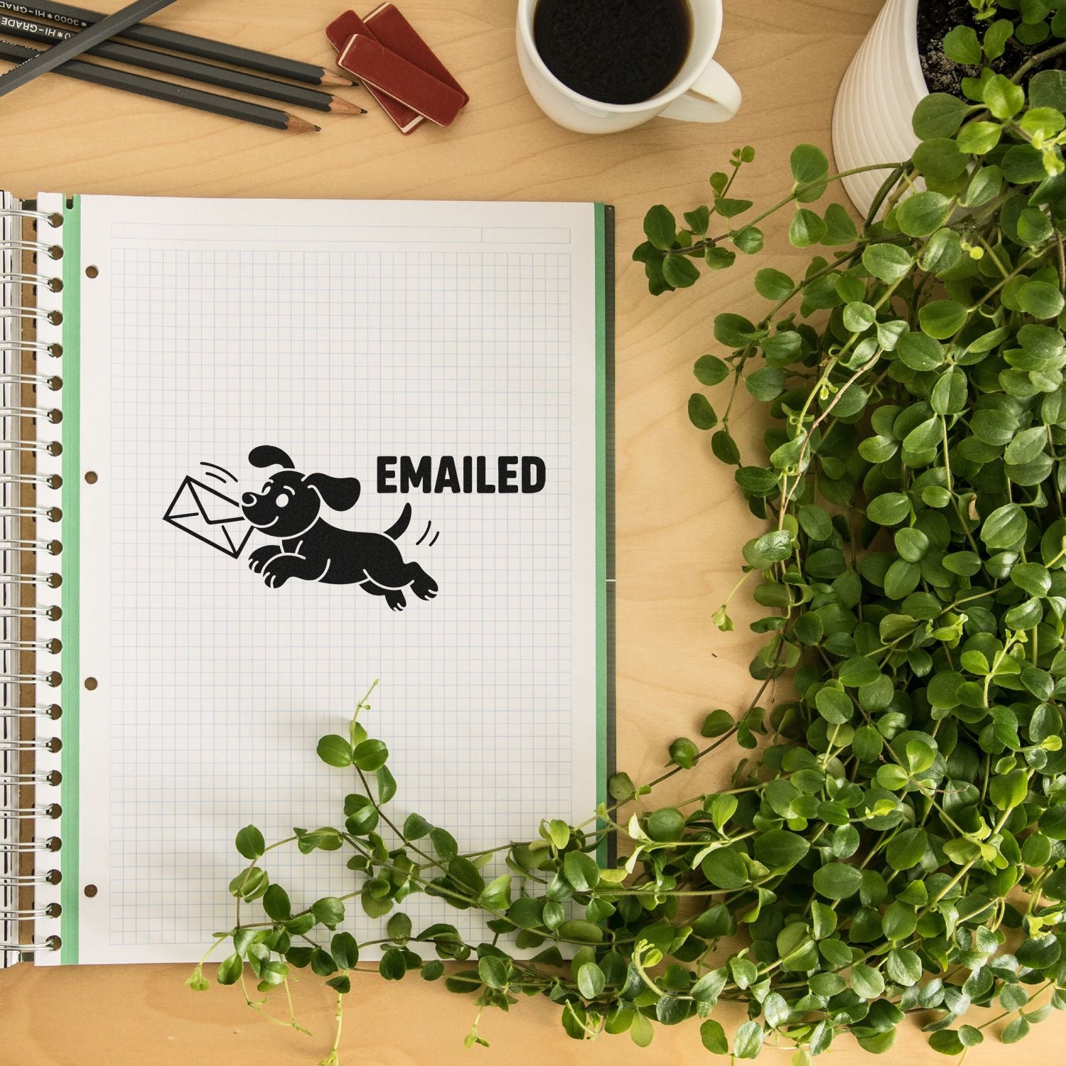 Black EMAILED rubber stamp with running dog and envelope on grid notebook, beside green plant, coffee cup, pencils and red erasers.
