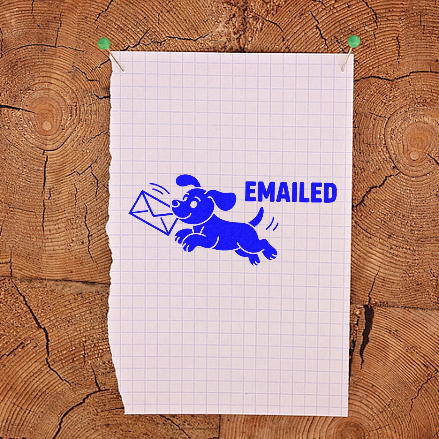 Blue EMAILED rubber stamp with dog carrying an envelope on graph paper, pinned to a rustic wood background