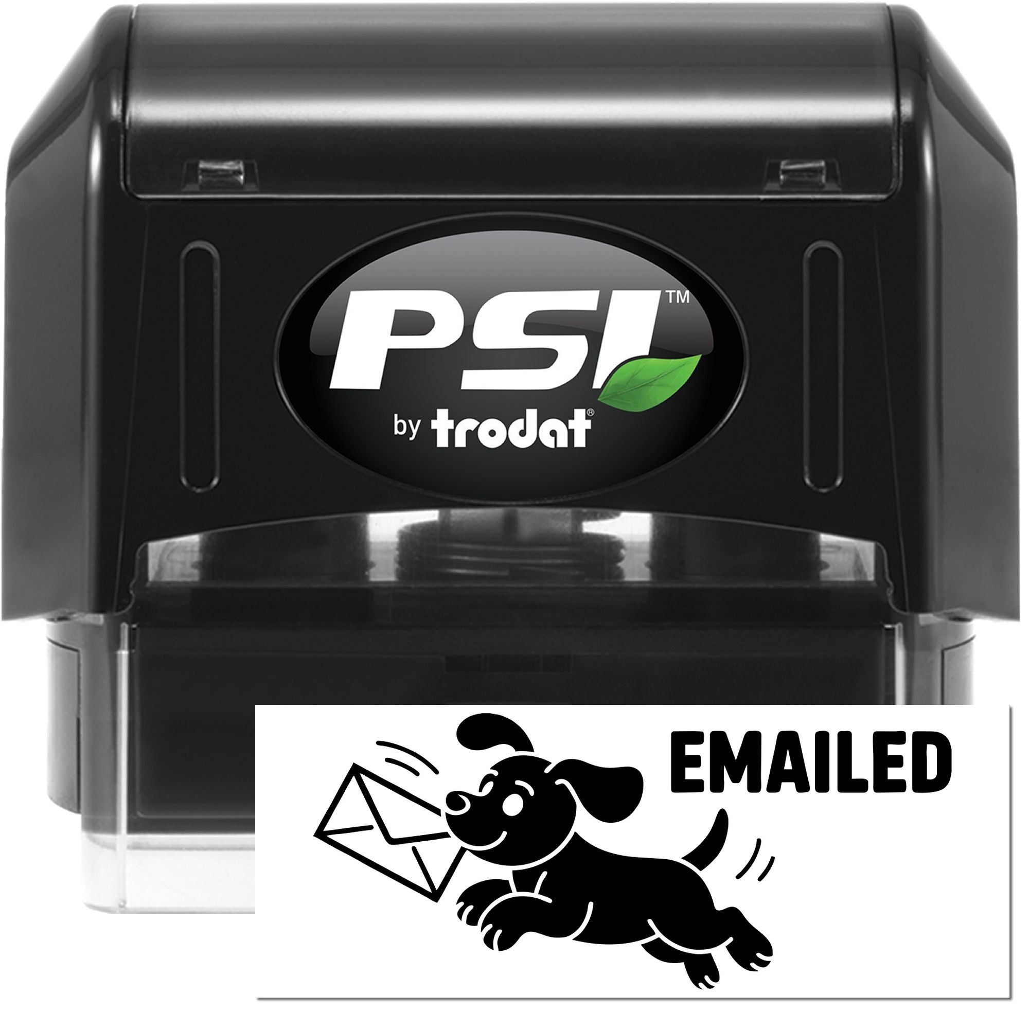 Black PSI by Trodat self-inking stamp and seal with Emailed dog icon on white insert.