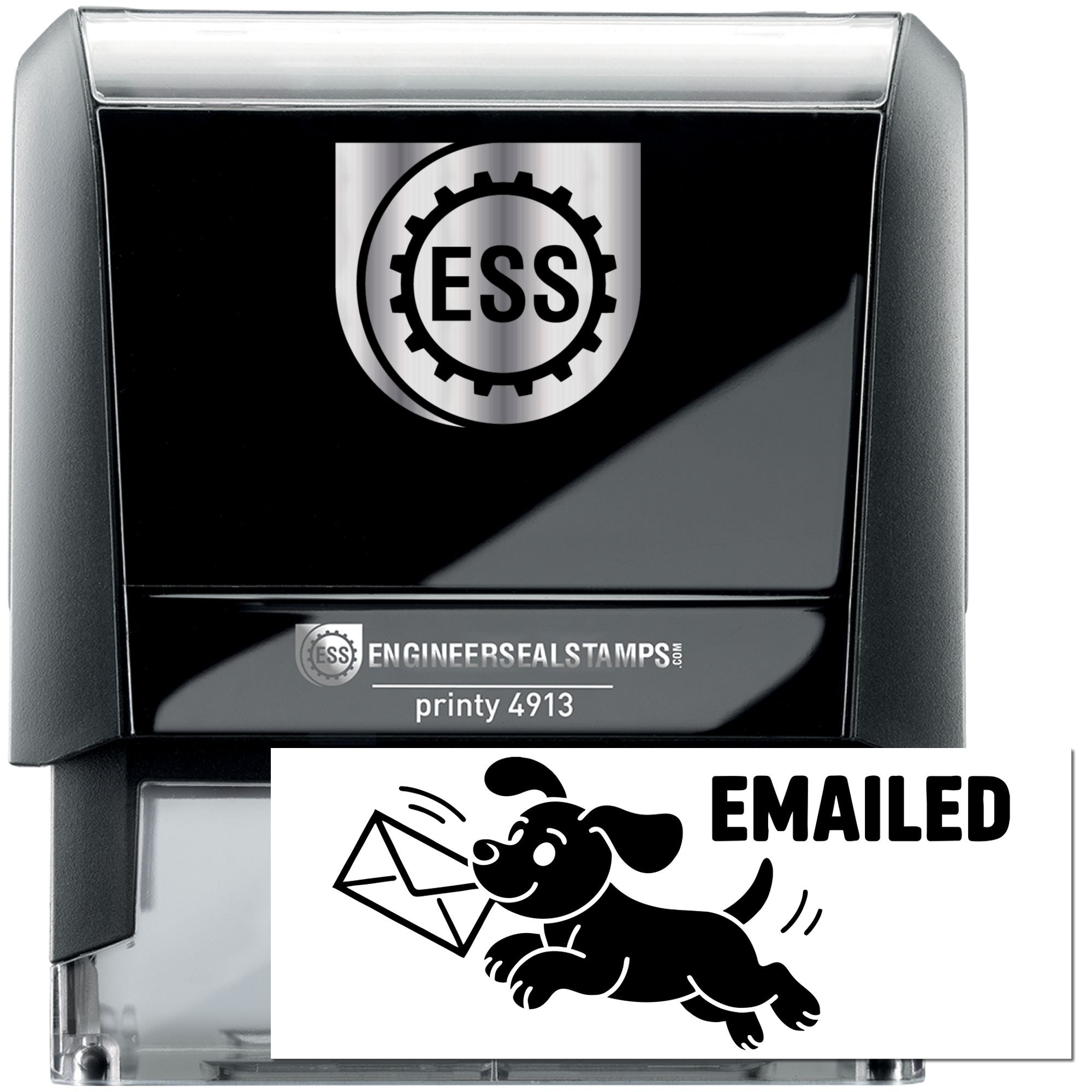 Black self-inking Engineer Seal stamp, printy 4913, with ESS logo and white Emailed dog-and-envelope seal insert.