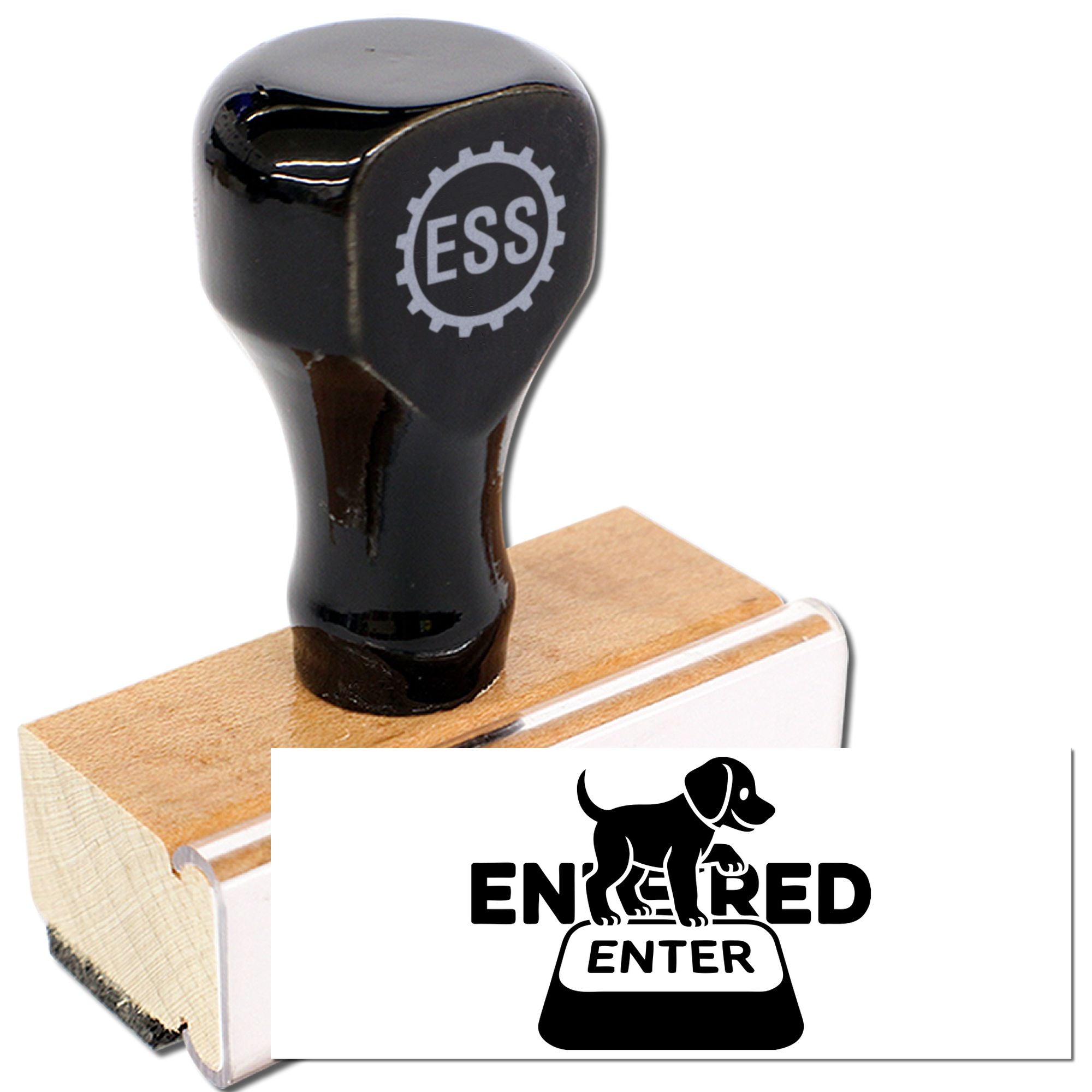 Black ESS rubber stamp seal on wooden block, printing a white Entered Enter dog design
