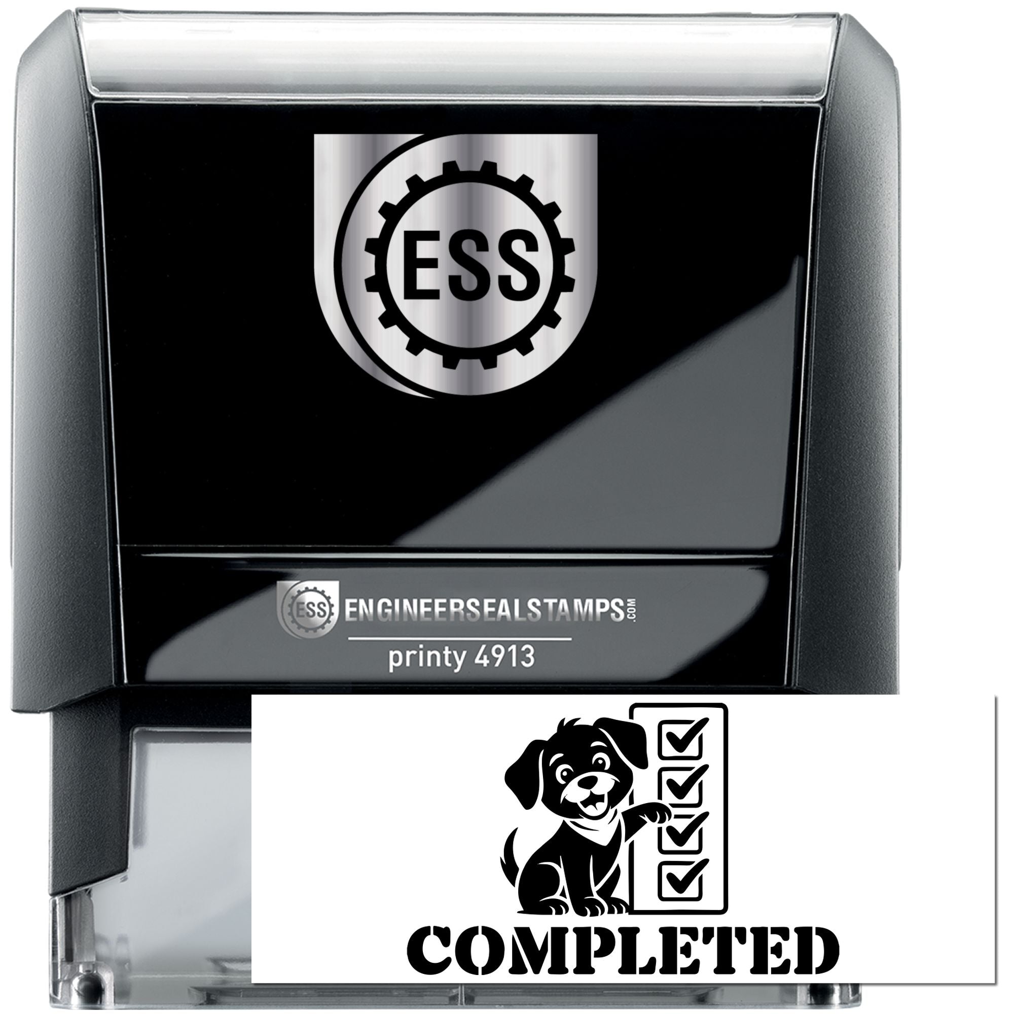 Black self-inking engineer seal stamp with silver ESS logo and a completed checklist seal featuring a dog icon.