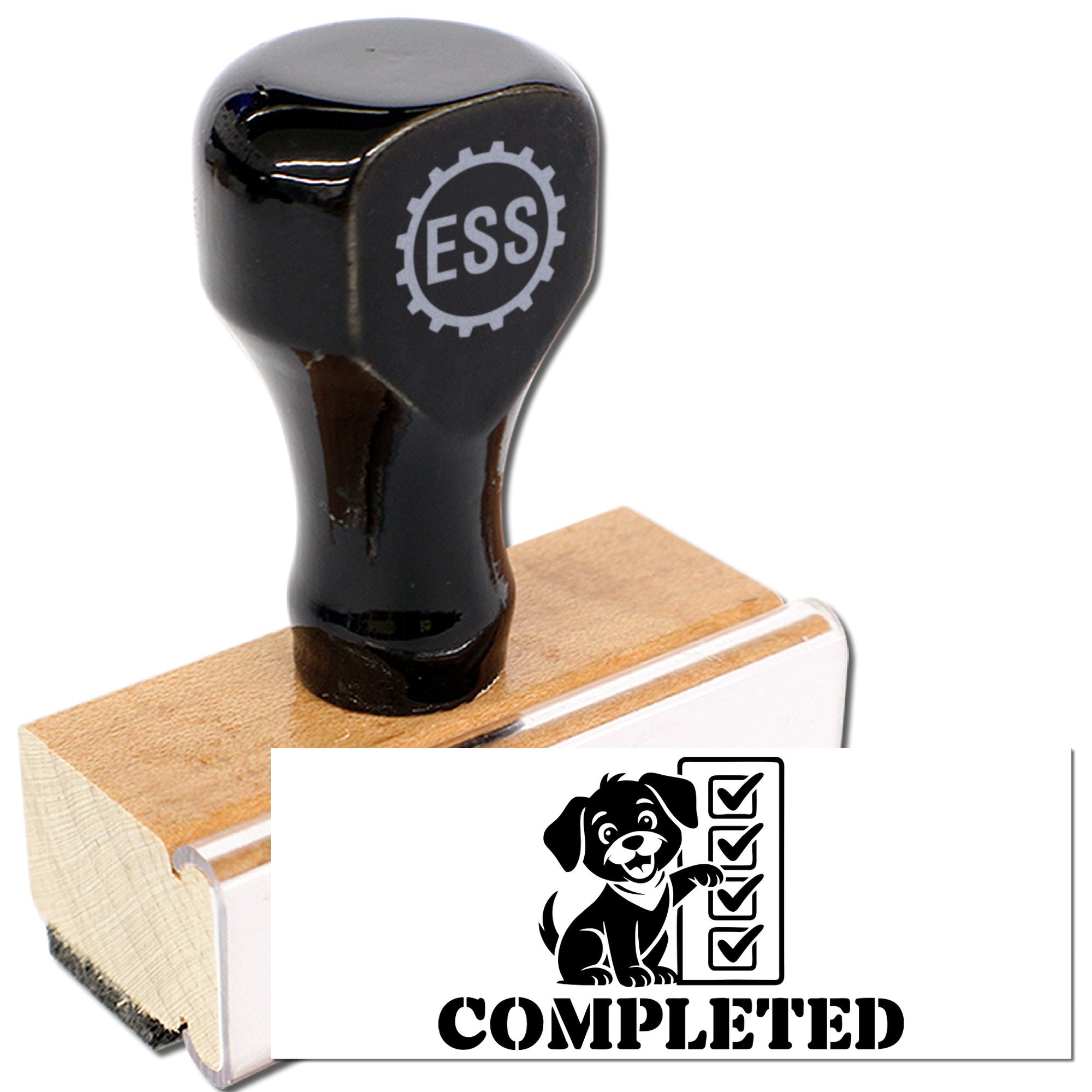 Black ESS rubber stamp on wooden block with white completed seal featuring dog and checklist