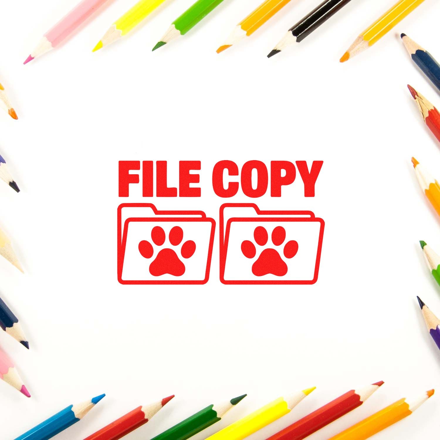 Red FILE COPY stamp and seal with twin paw-print folder icons, framed by colorful pencils on white background.