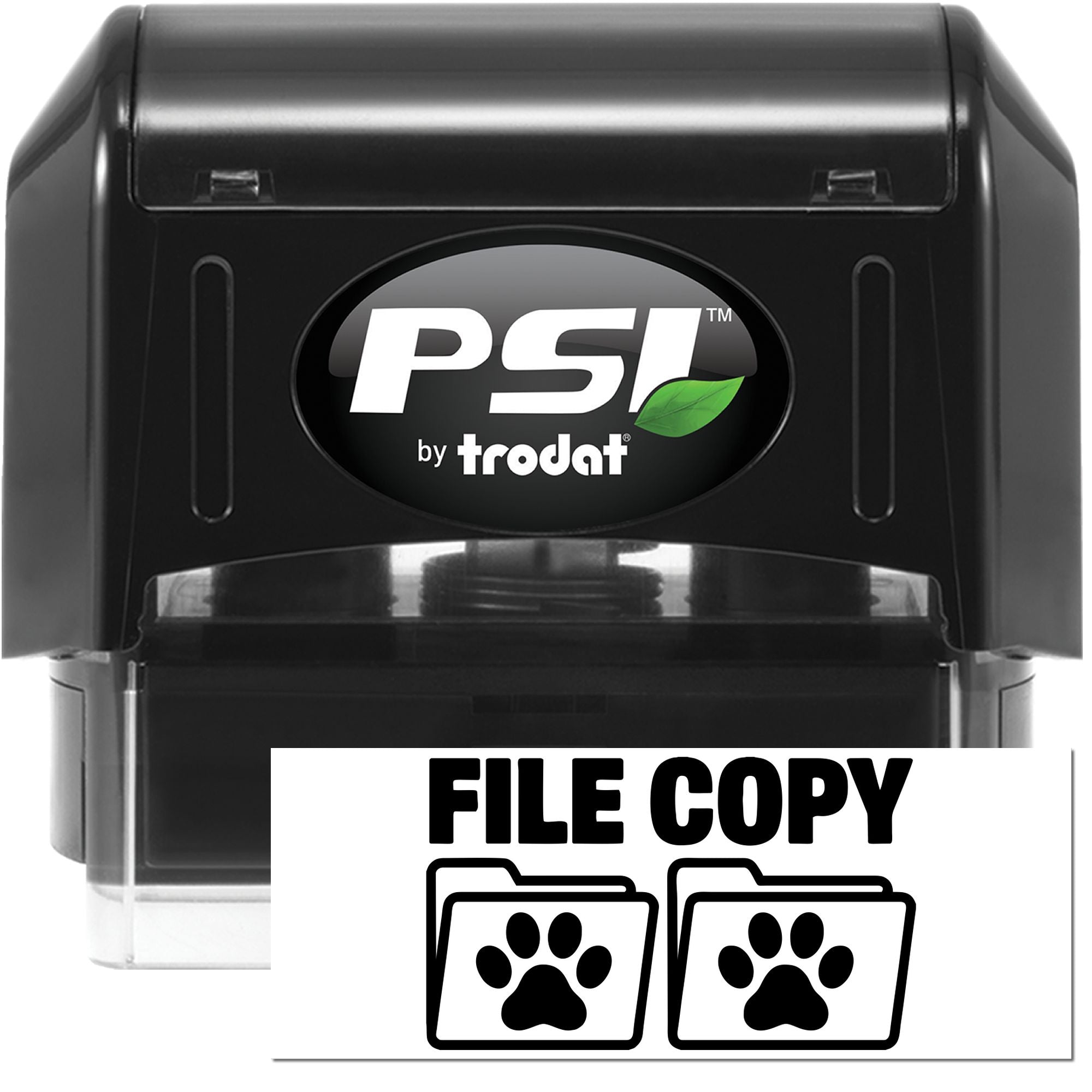 Black PSI by Trodat self-inking file copy stamp and seal with paw print folder icons and clear base
