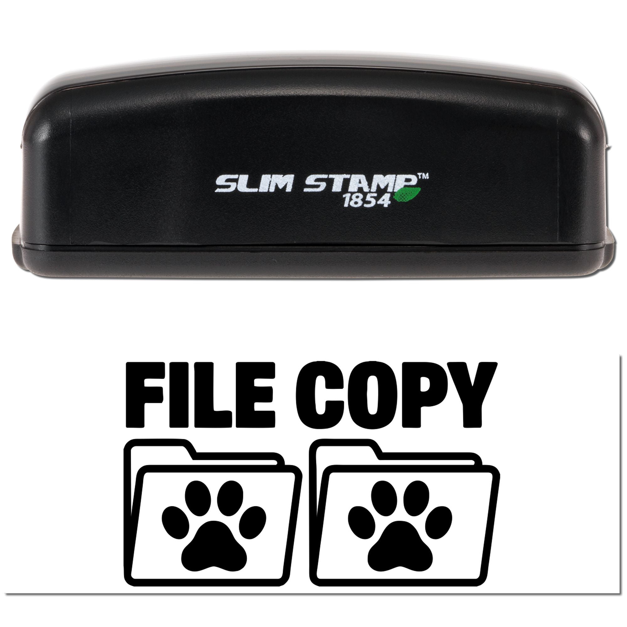 Black Slim Stamp 1854 file copy stamp, black with white text and paw-print folder icons for pet records