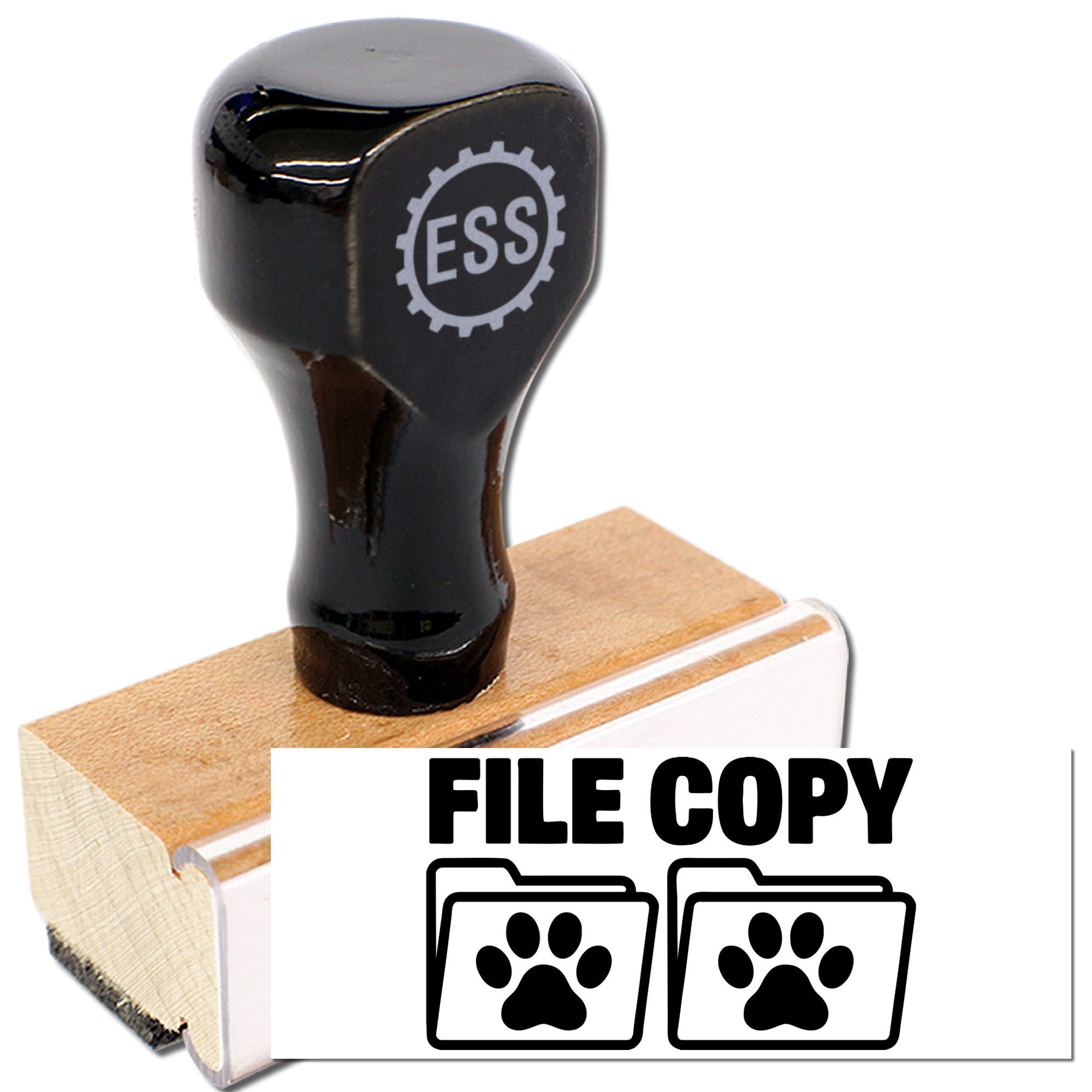 Black rubber stamp seal with ESS logo on wooden base, beside FILE COPY label with folder and paw print icons