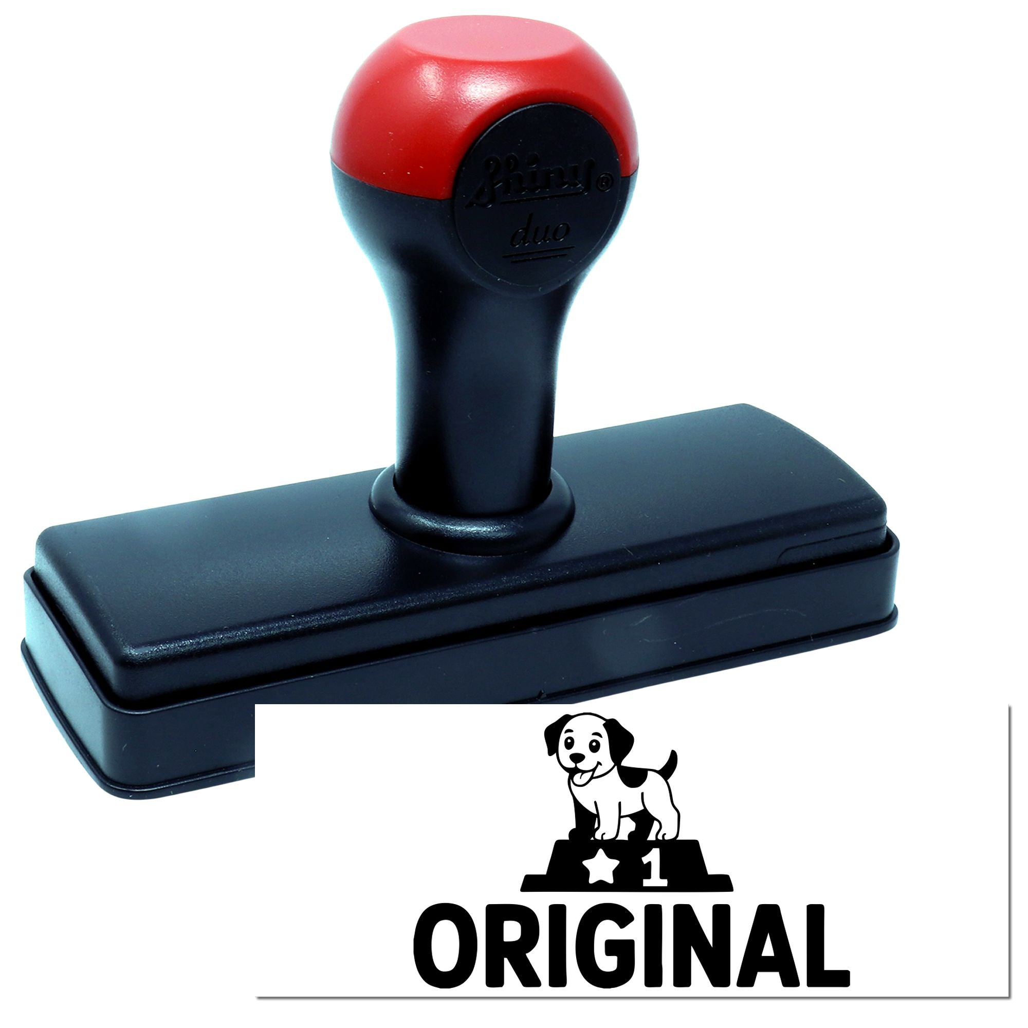 Red and black self-inking stamp with rectangular base and dog-logo ORIGINAL seal imprint
