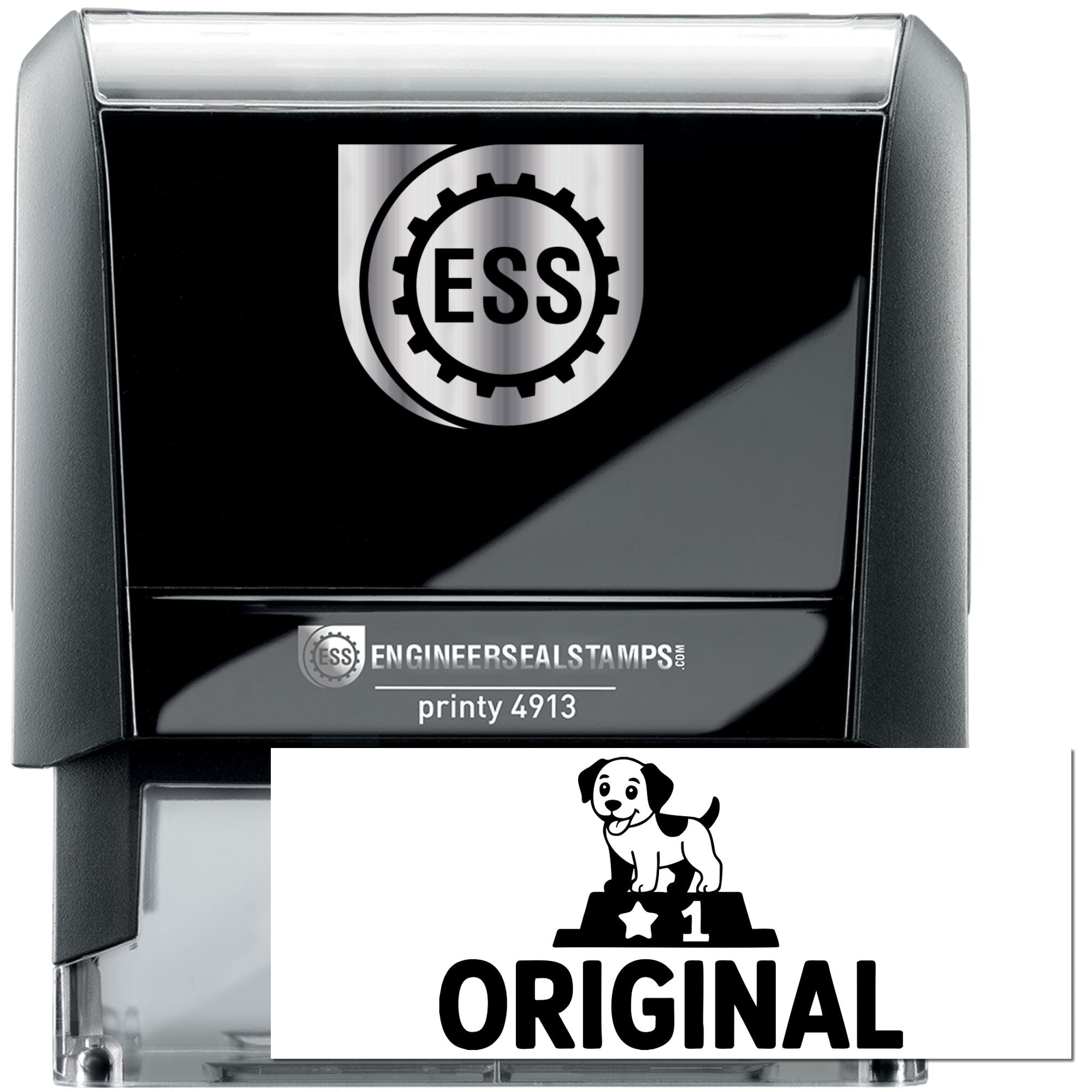 Black and silver ESS self-inking stamp and seal, with gear logo, printy 4913, and Original certification badge
