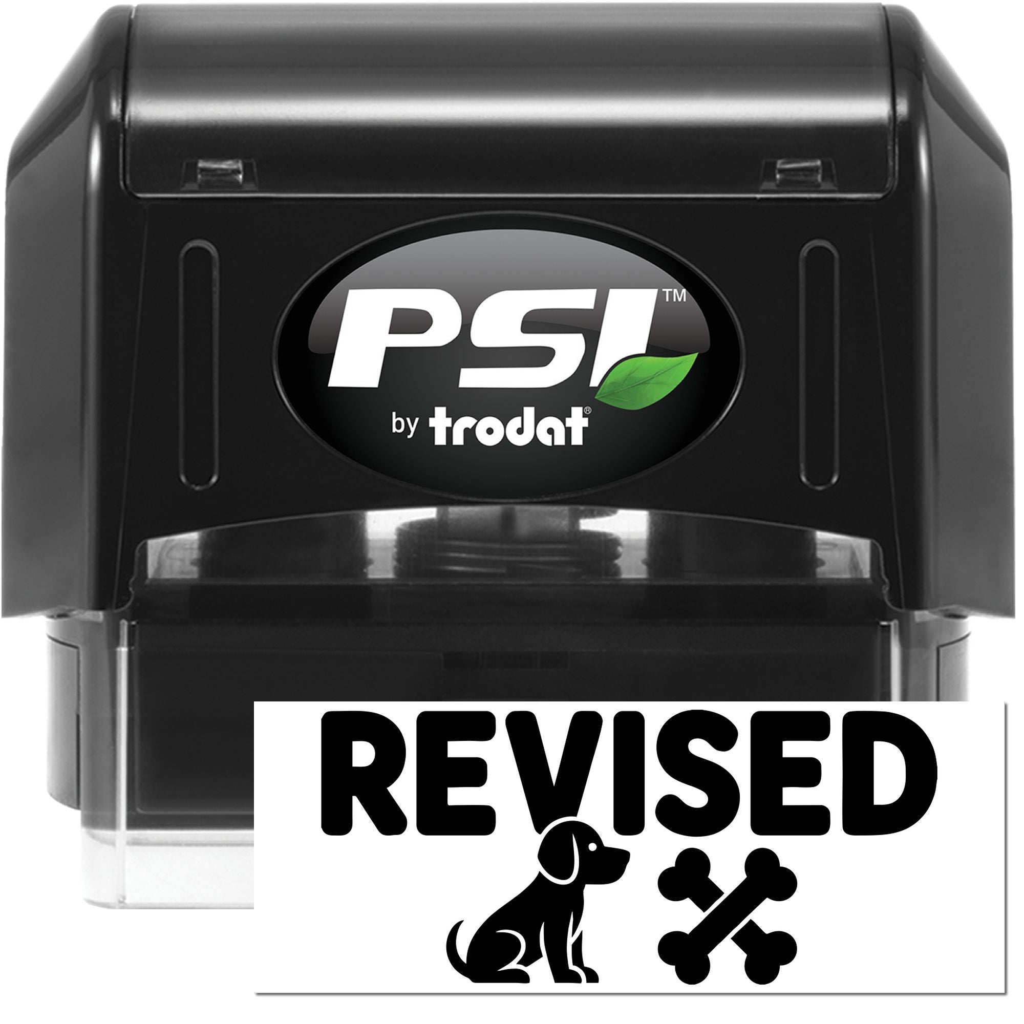 Black PSI by Trodat self-inking stamp with green leaf logo and REVISED seal graphic featuring dog and bones.