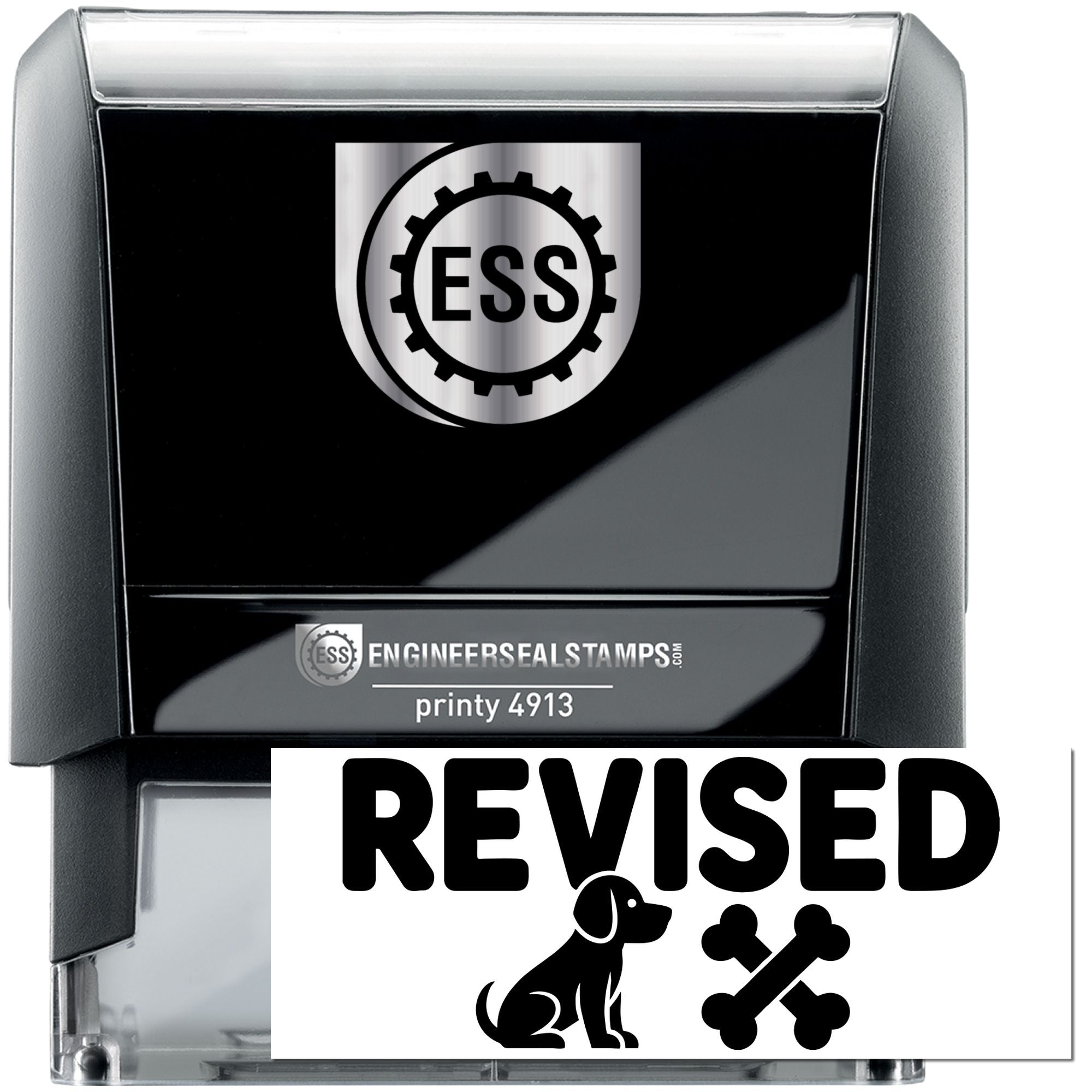 Black and silver self-inking engineer seal stamp with ESS logo and bold REVISED text