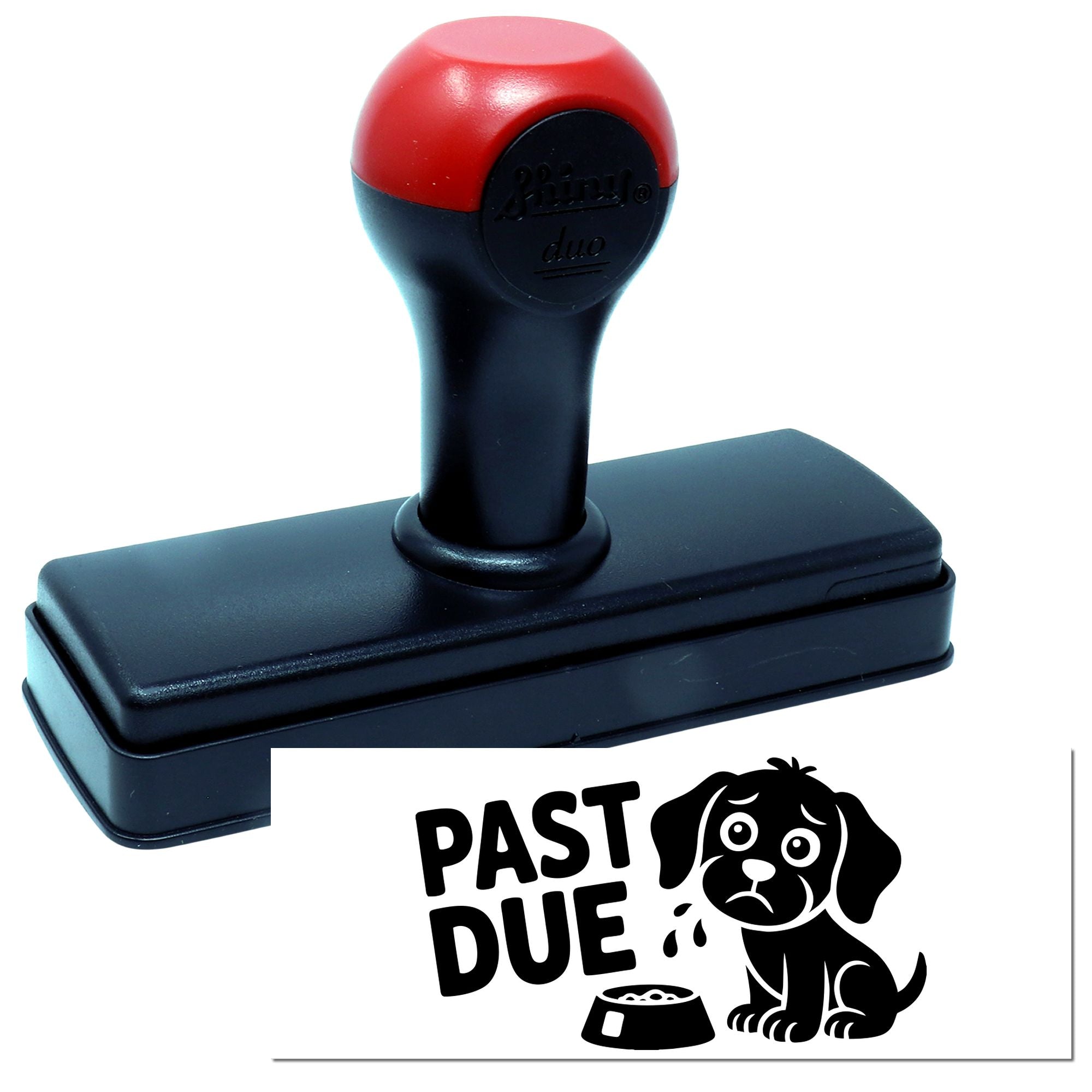 Black self-inking stamp with red handle and a PAST DUE dog seal impression on white background.
