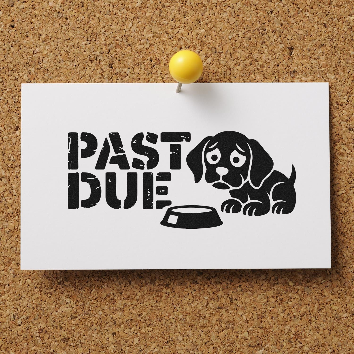 Black pet memorial stamp and seal with sad dog, bowl, and yellow pushpin on a white card against corkboard.