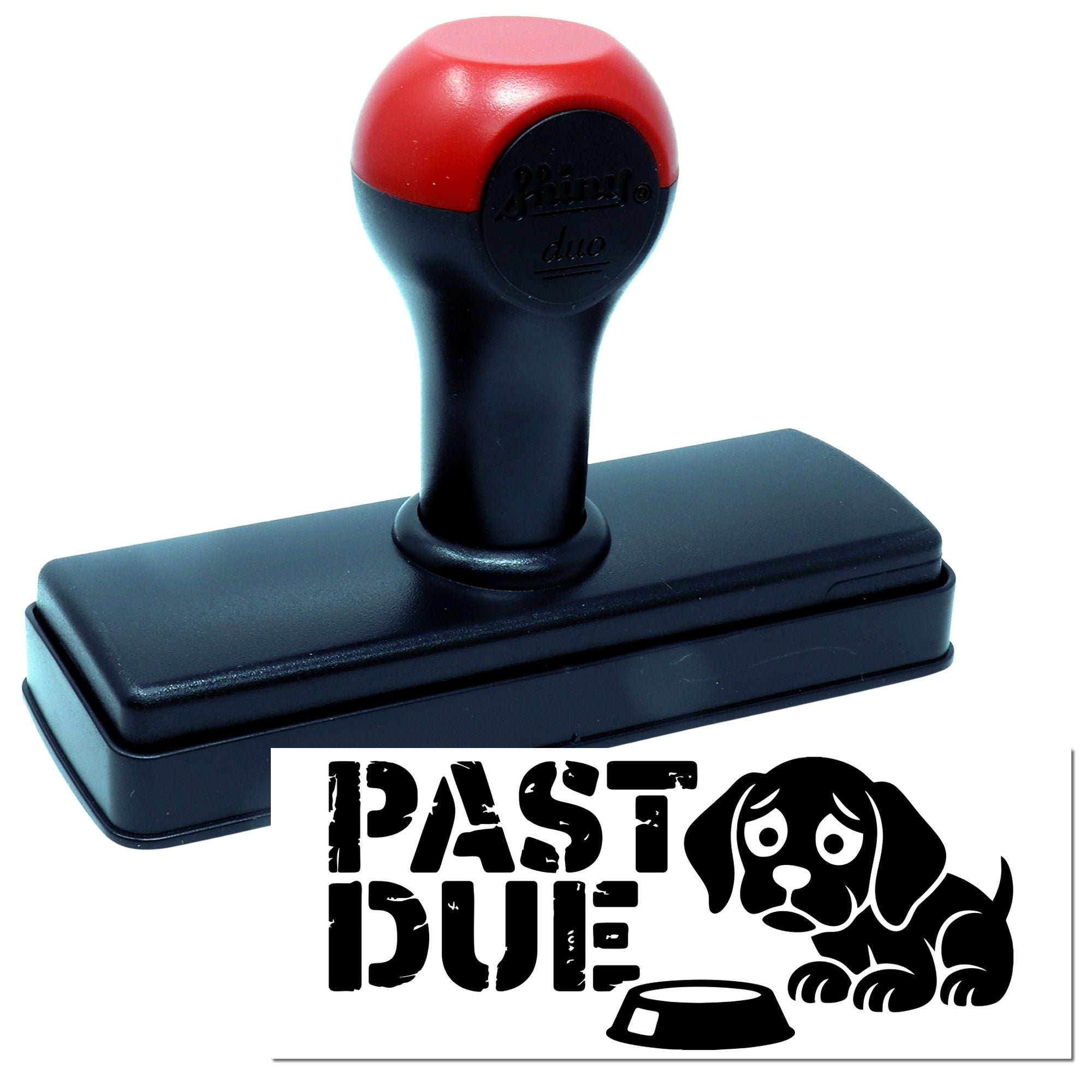 Red-and-black self-inking stamp and seal set with black base and custom Past Blue dog-and-bowl logo.