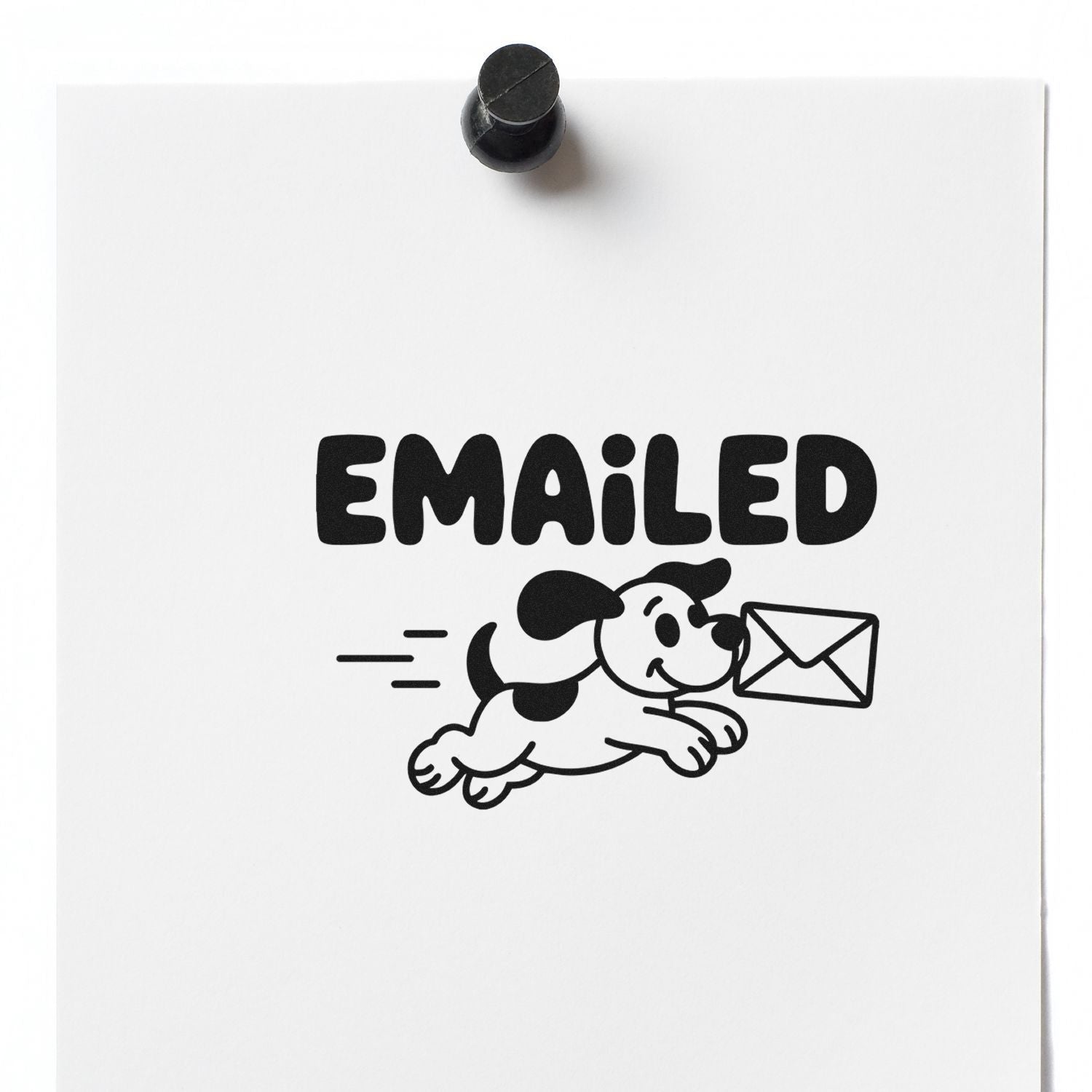 Black rubber stamp impression reading EMAILED with running dog carrying an envelope on white paper.