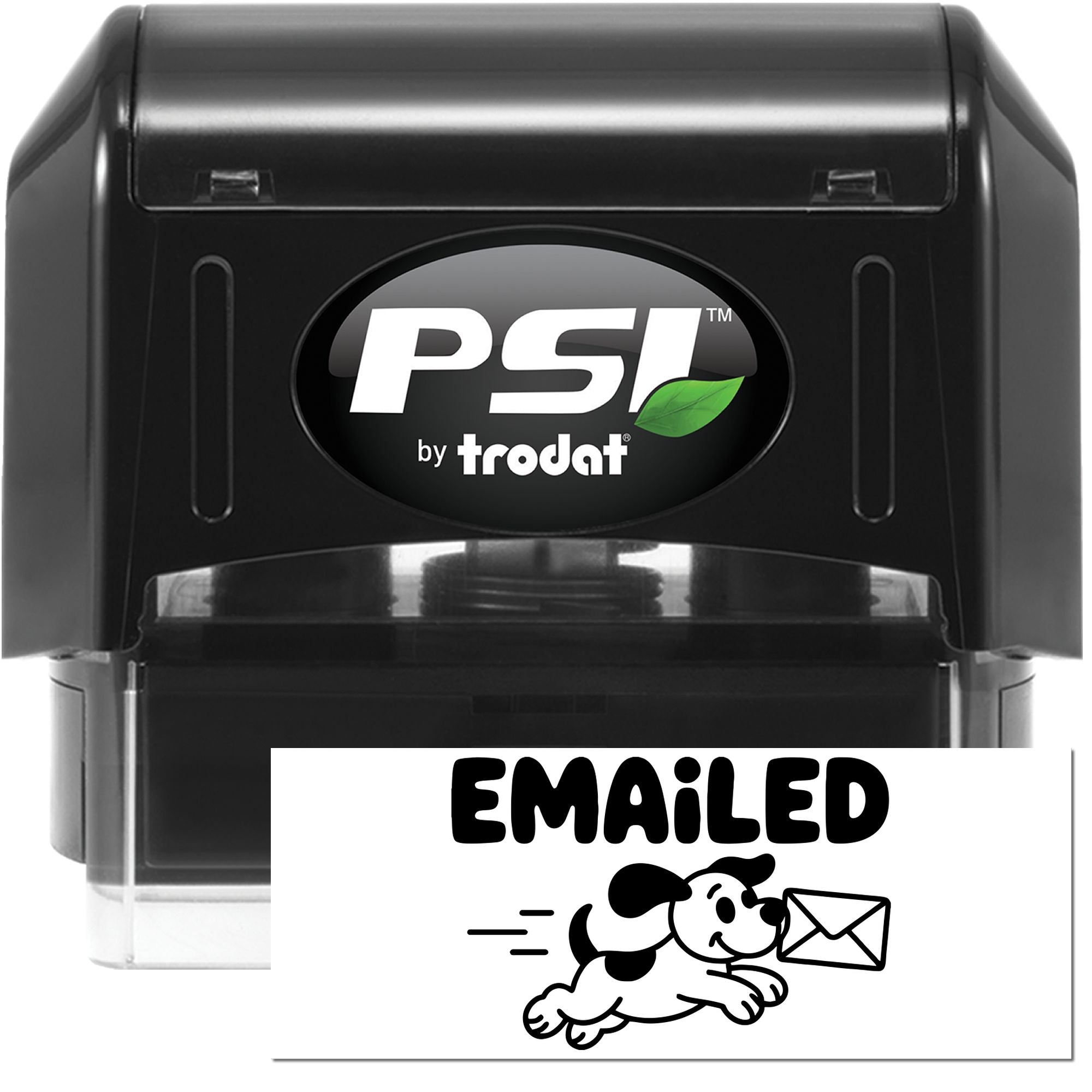 Black PSI by Trodat self-inking stamp and seal with green leaf logo and EMAILED dog-mail imprint.
