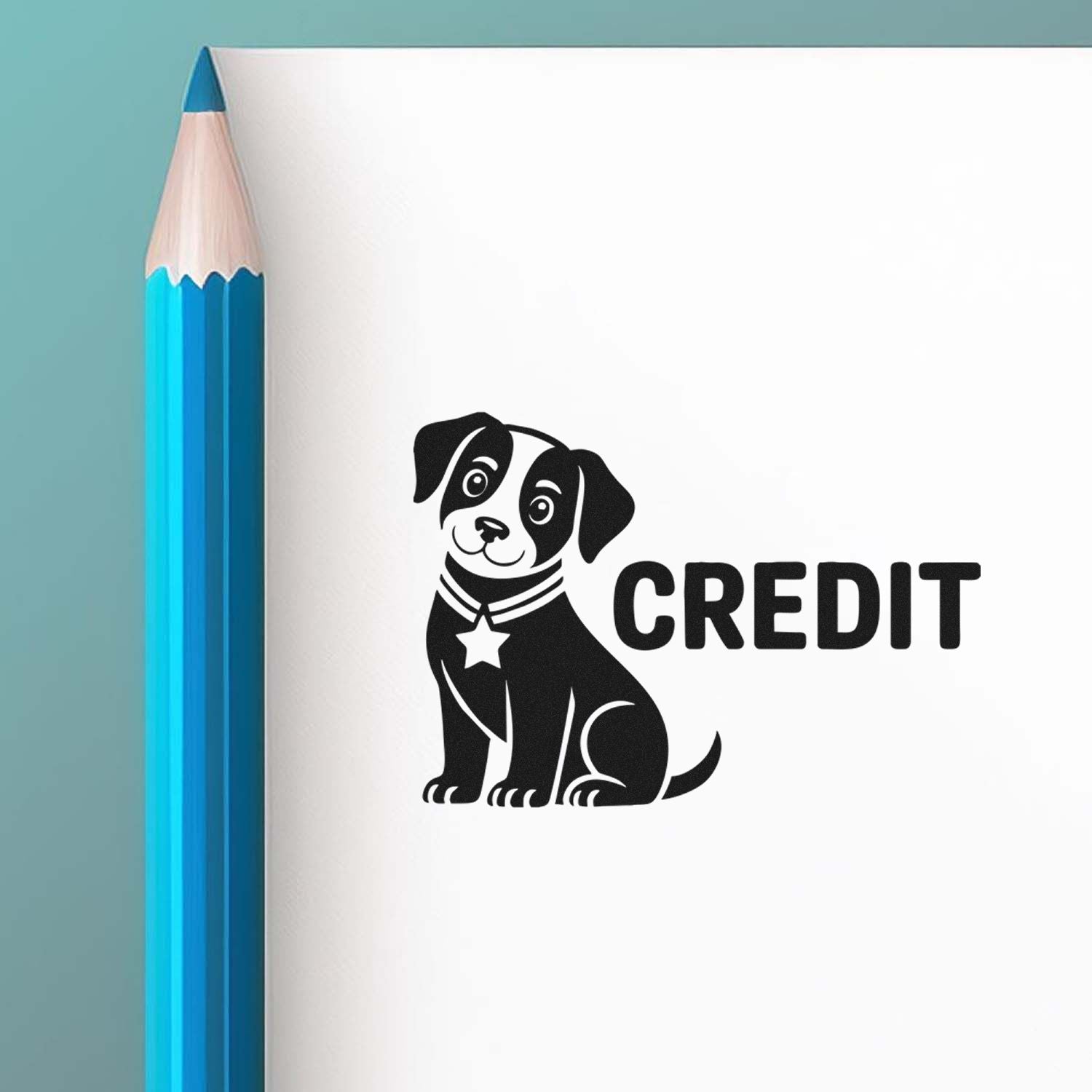 Black dog CREDIT stamp logo on white paper beside a blue pencil, showcasing stamp and seal products.