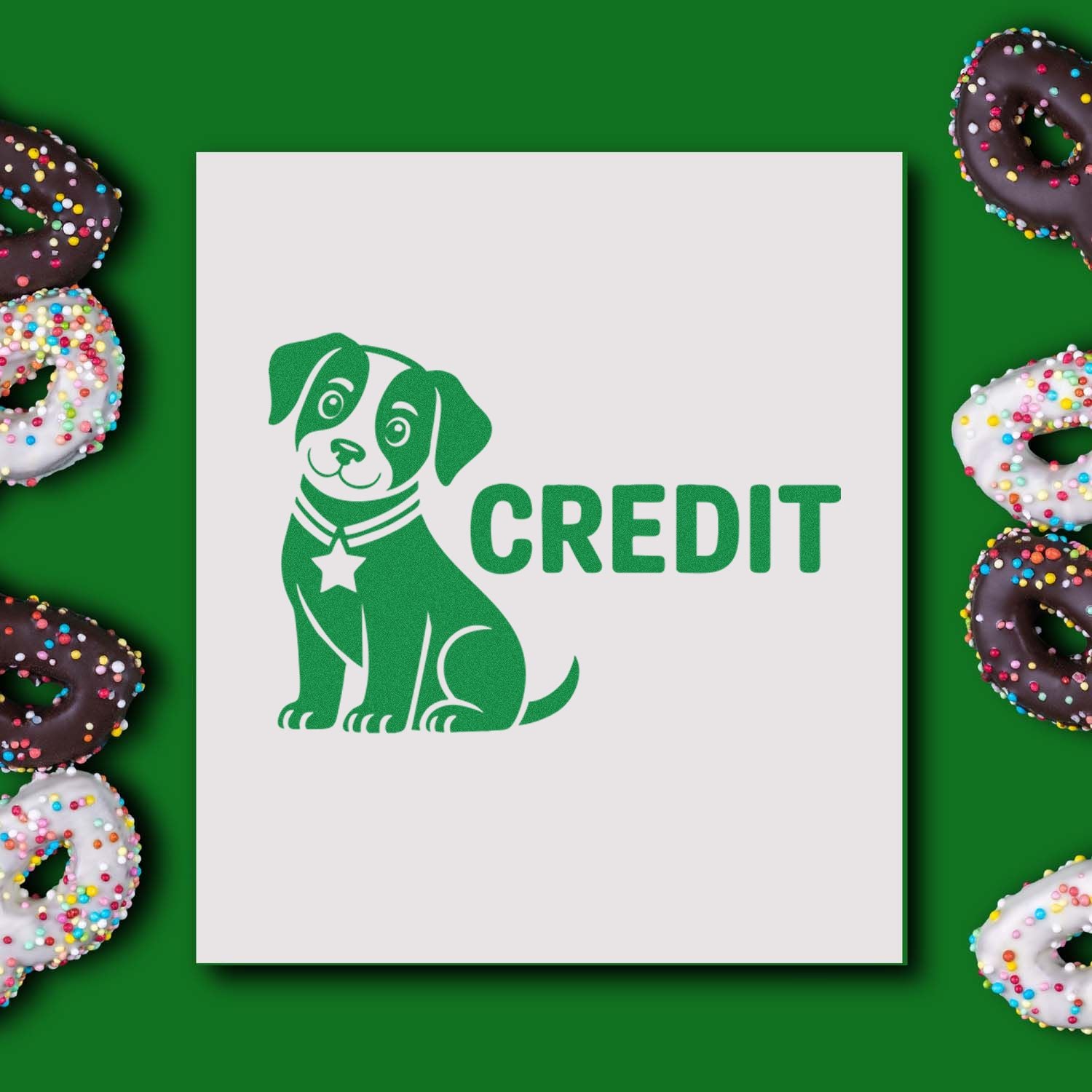 Green dog CREDIT stamp seal on a white card, surrounded by colorful sprinkled donuts on a green background.
